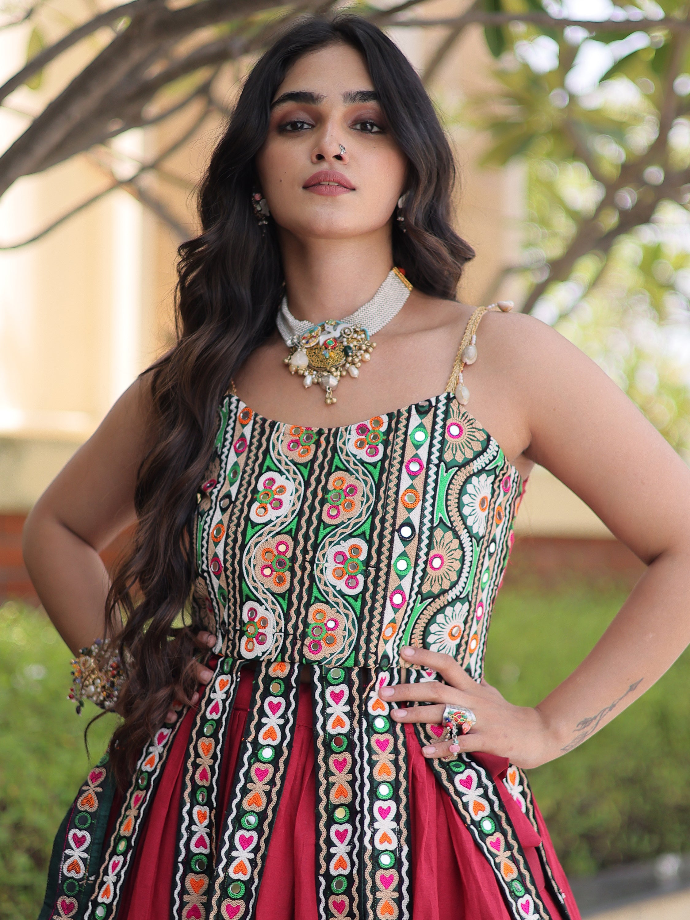 Glowing Maroon Cotton Navratri Wear Lehenga With Patch Work Choli