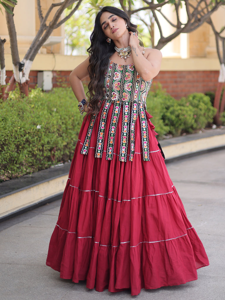 Glowing Maroon Cotton Navratri Wear Lehenga With Patch Work Choli