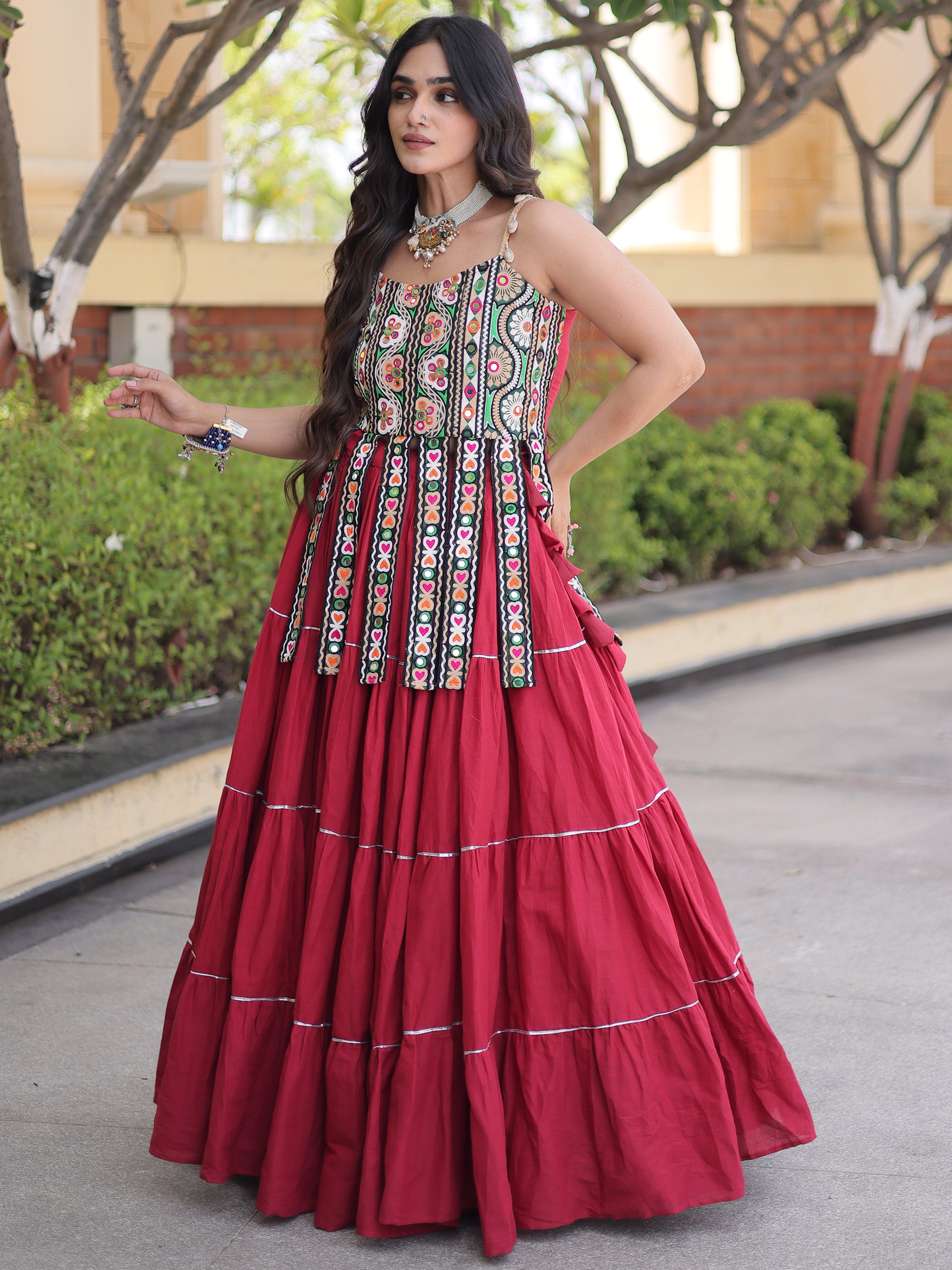 Glowing Maroon Cotton Navratri Wear Lehenga With Patch Work Choli