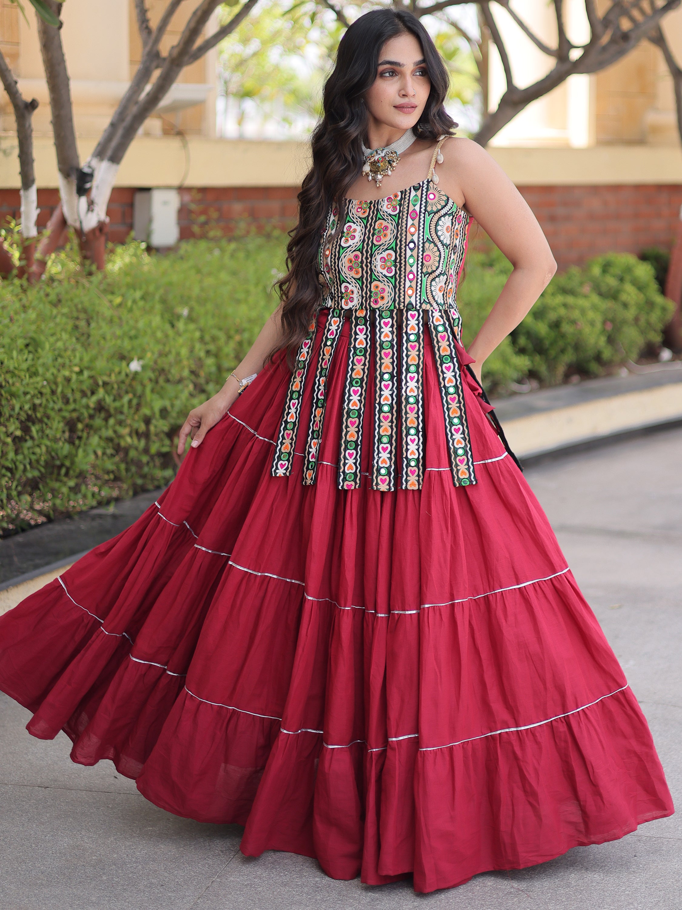 Glowing Maroon Cotton Navratri Wear Lehenga With Patch Work Choli