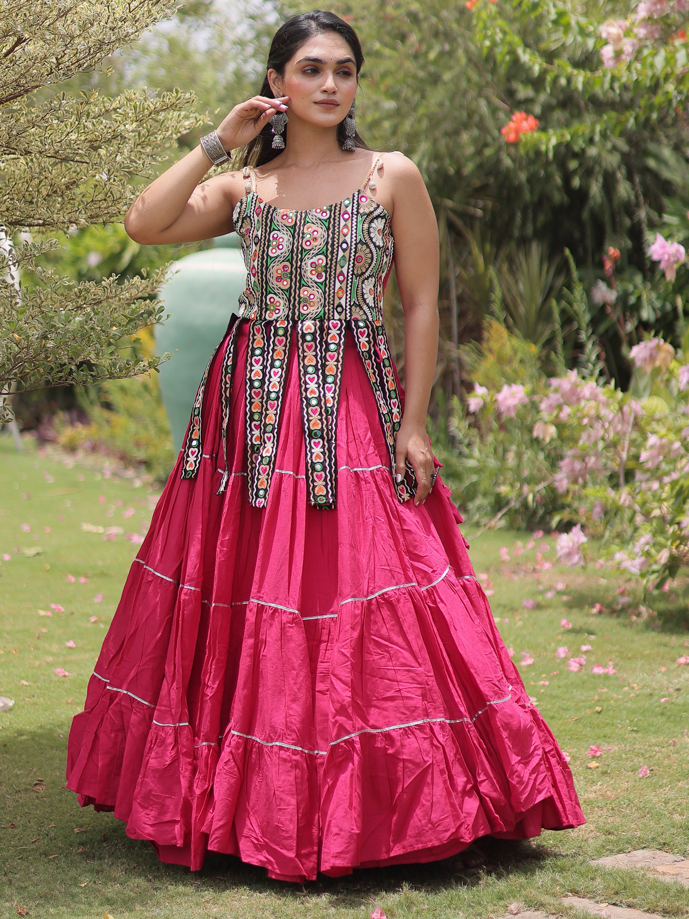 Stupendous Pink Patch Work Cotton Navratri Special Lehenga Choli
