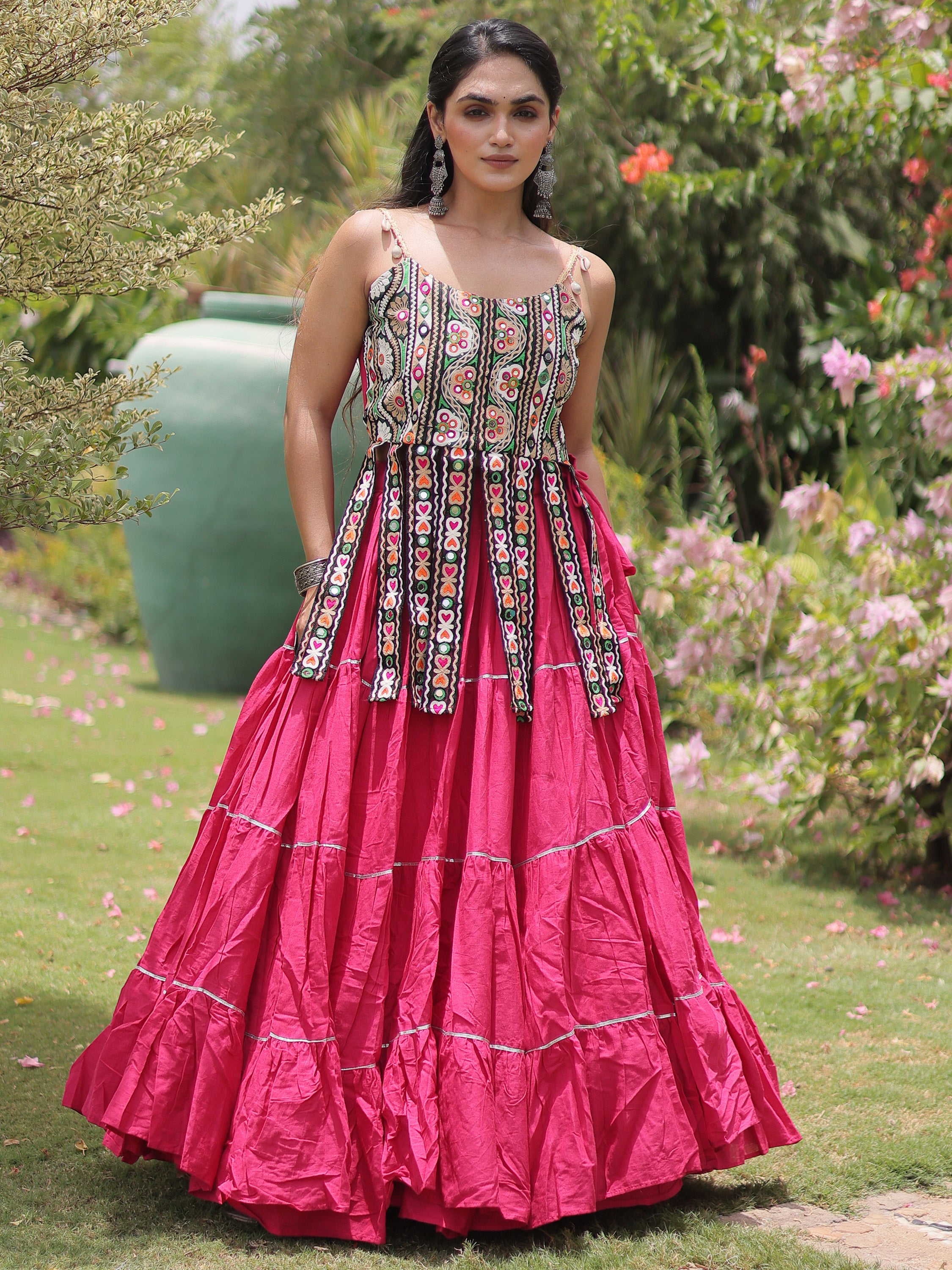 Stupendous Pink Patch Work Cotton Navratri Special Lehenga Choli