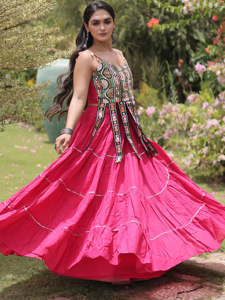 Stupendous Pink Patch Work Cotton Navratri Special Lehenga Choli