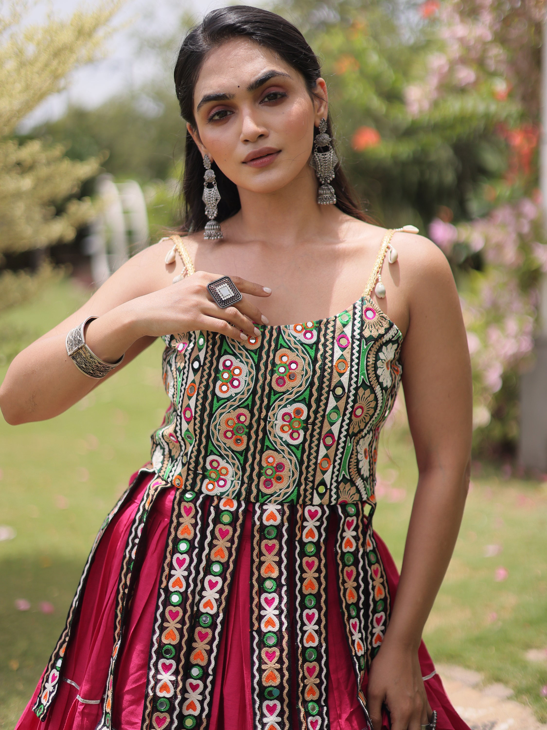 Stupendous Pink Patch Work Cotton Navratri Special Lehenga Choli