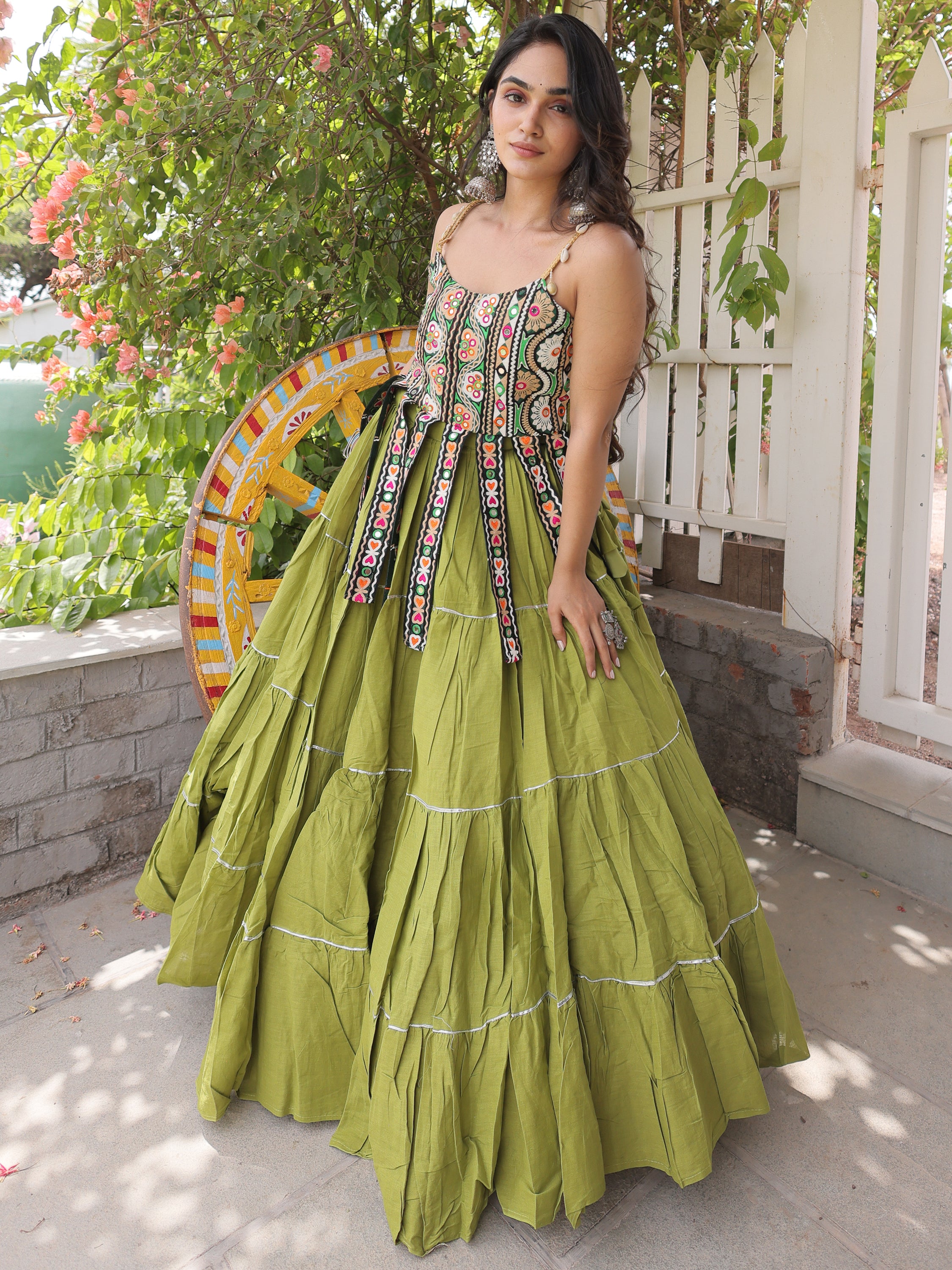 Fantastic Pista Green Laced Cotton Navratri Lehenga Choli
