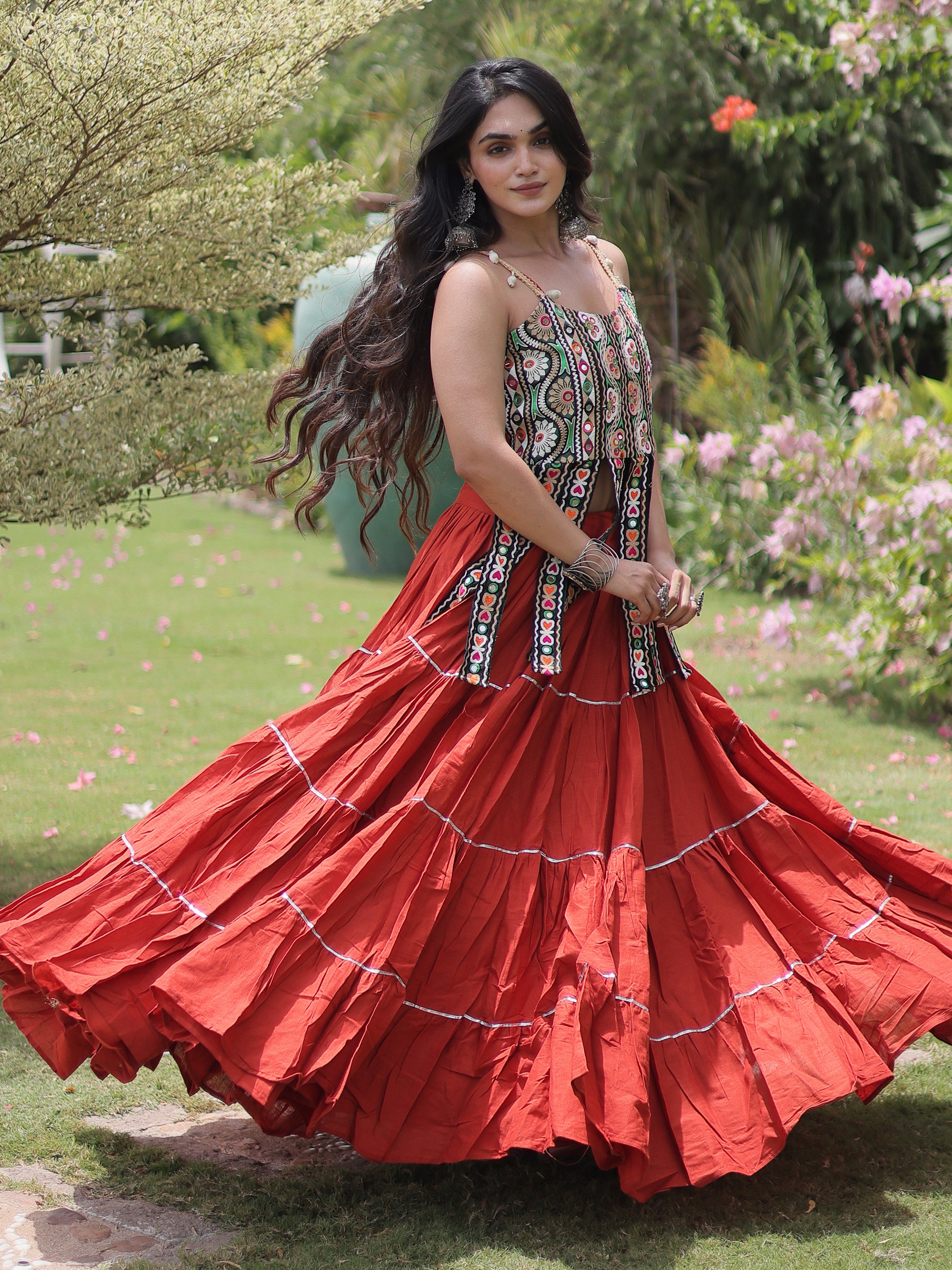 Fabulous Rust Orange Patch Work Cotton Navratri Lehenga Choli