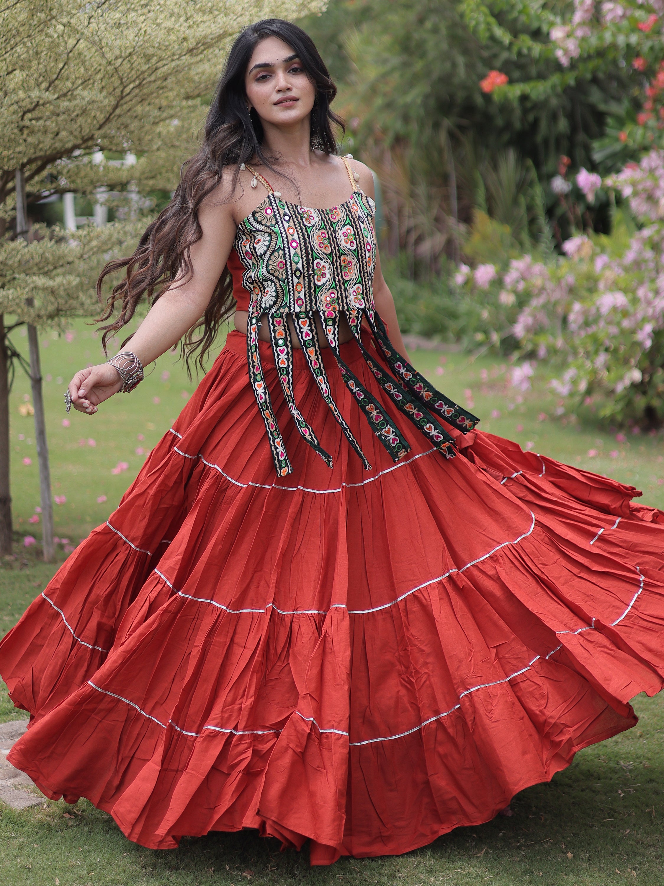 Fabulous Rust Orange Patch Work Cotton Navratri Lehenga Choli