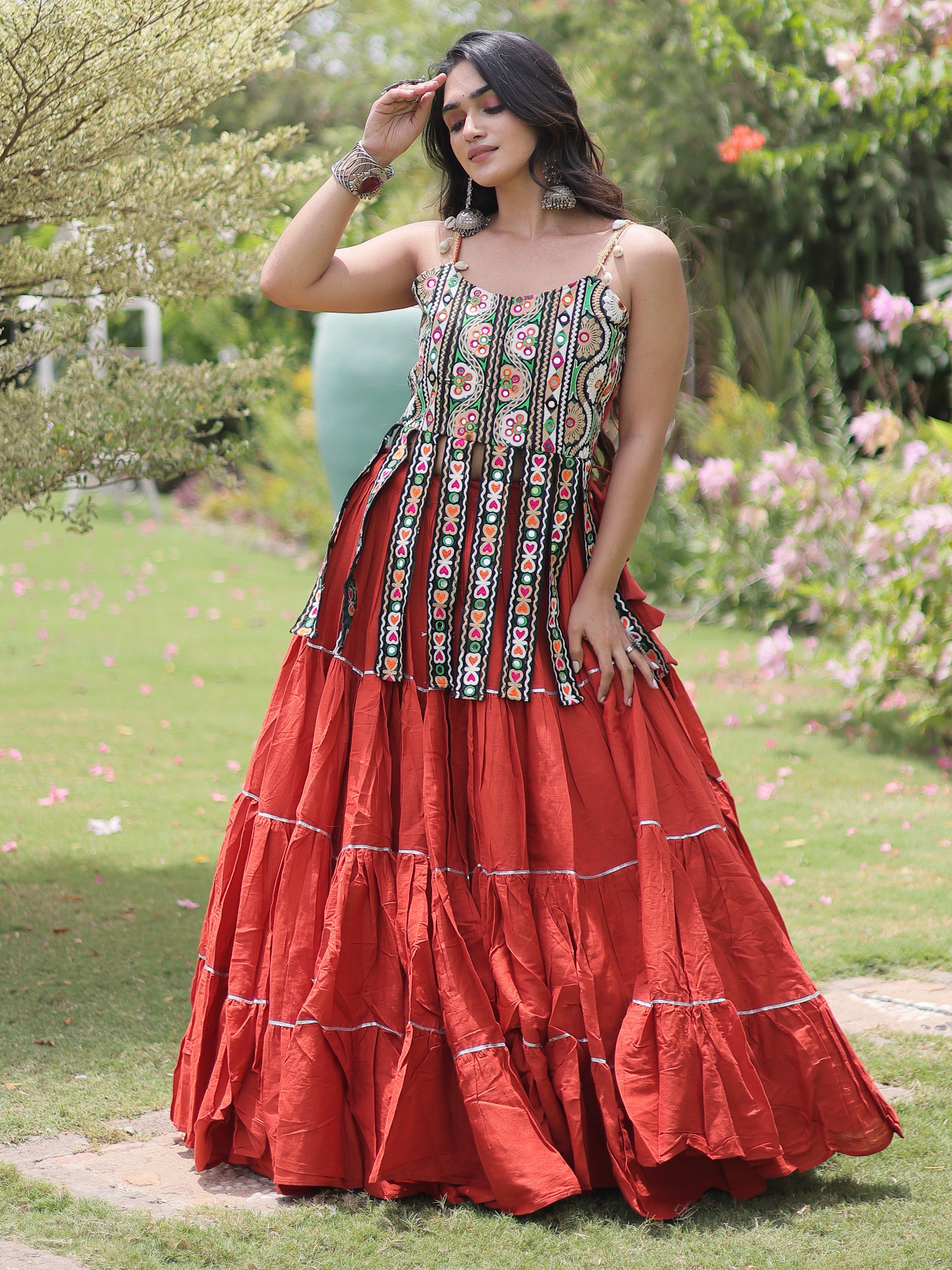 Fabulous Rust Orange Patch Work Cotton Navratri Lehenga Choli