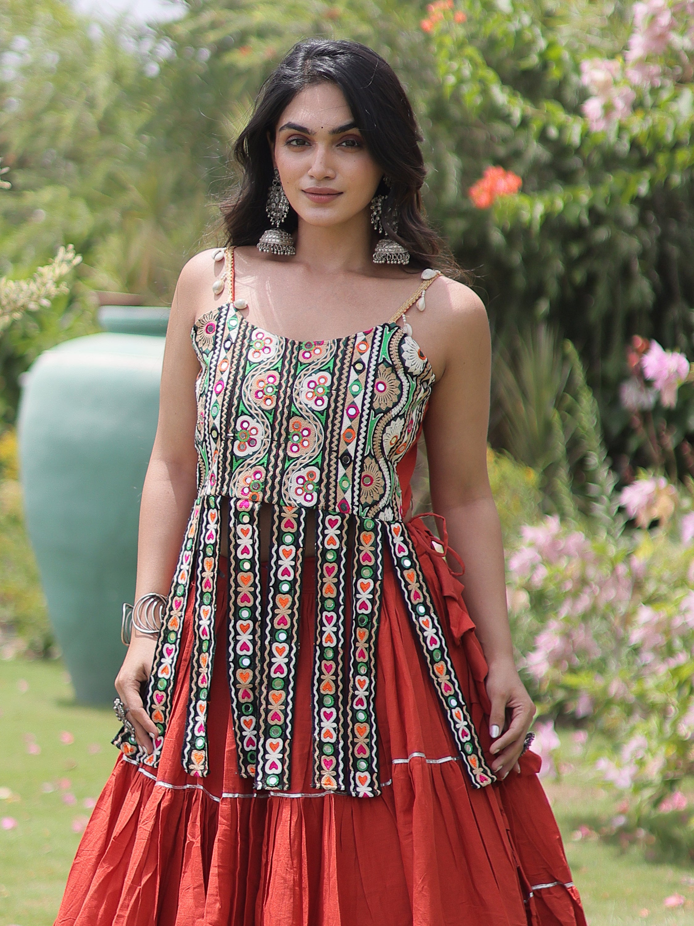 Fabulous Rust Orange Patch Work Cotton Navratri Lehenga Choli