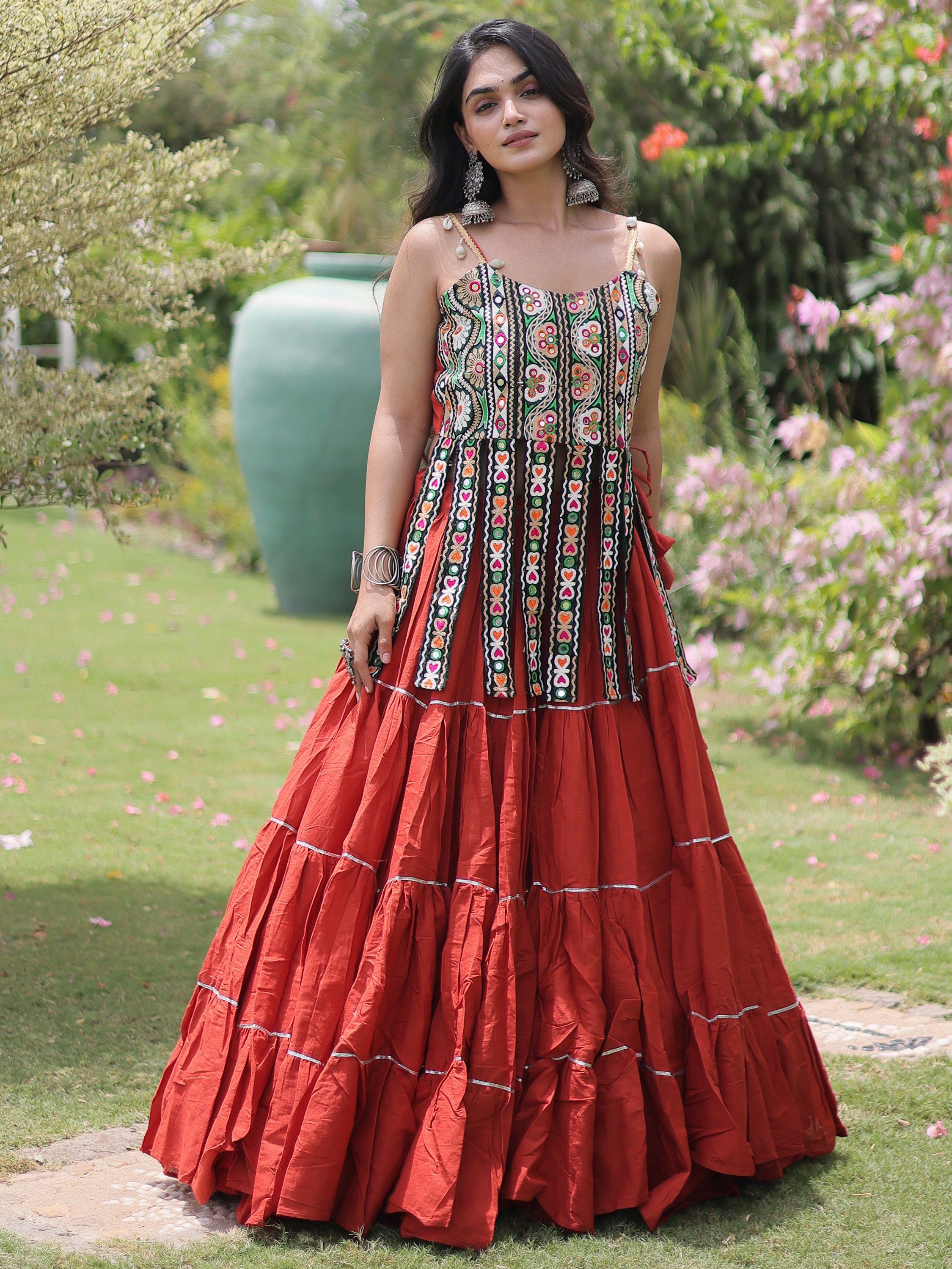 Fabulous Rust Orange Patch Work Cotton Navratri Lehenga Choli