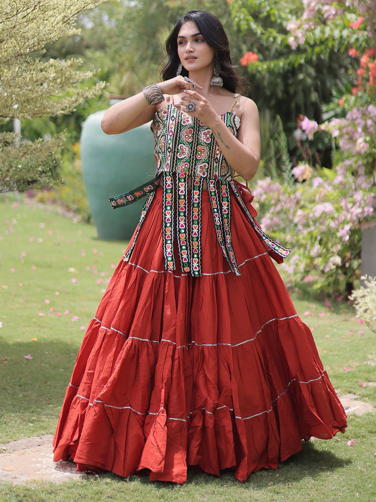 Fabulous Rust Orange Patch Work Cotton Navratri Lehenga Choli