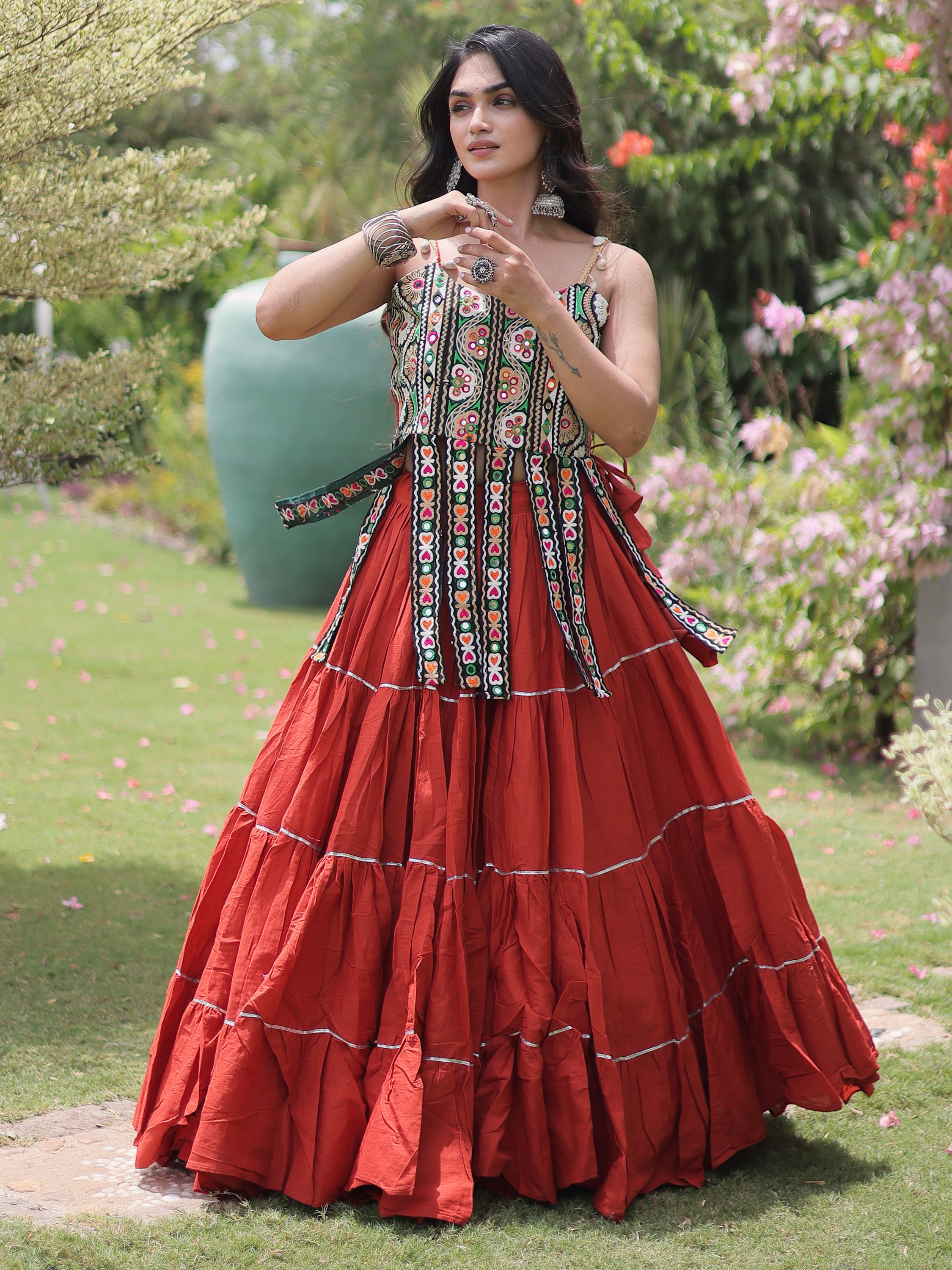 Fabulous Rust Orange Patch Work Cotton Navratri Lehenga Choli