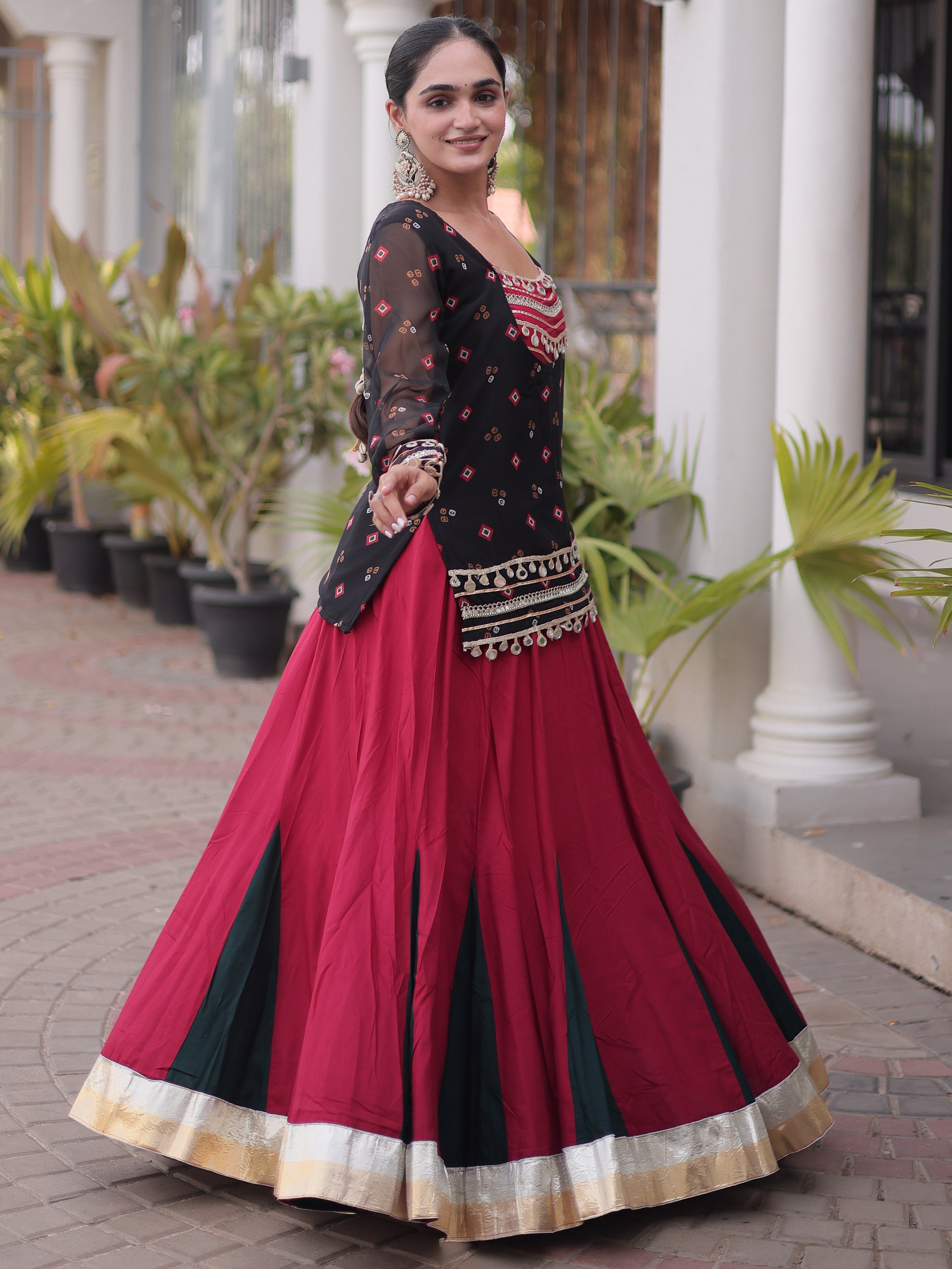 Aesthetic Black Gota Laced Rayon Navratri Wear Lehenga Choli With Jacket