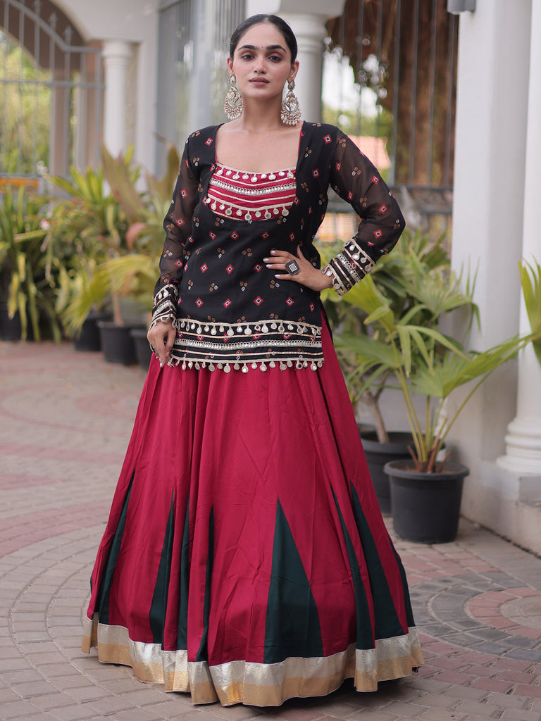 Aesthetic Black Gota Laced Rayon Navratri Wear Lehenga Choli With Jacket