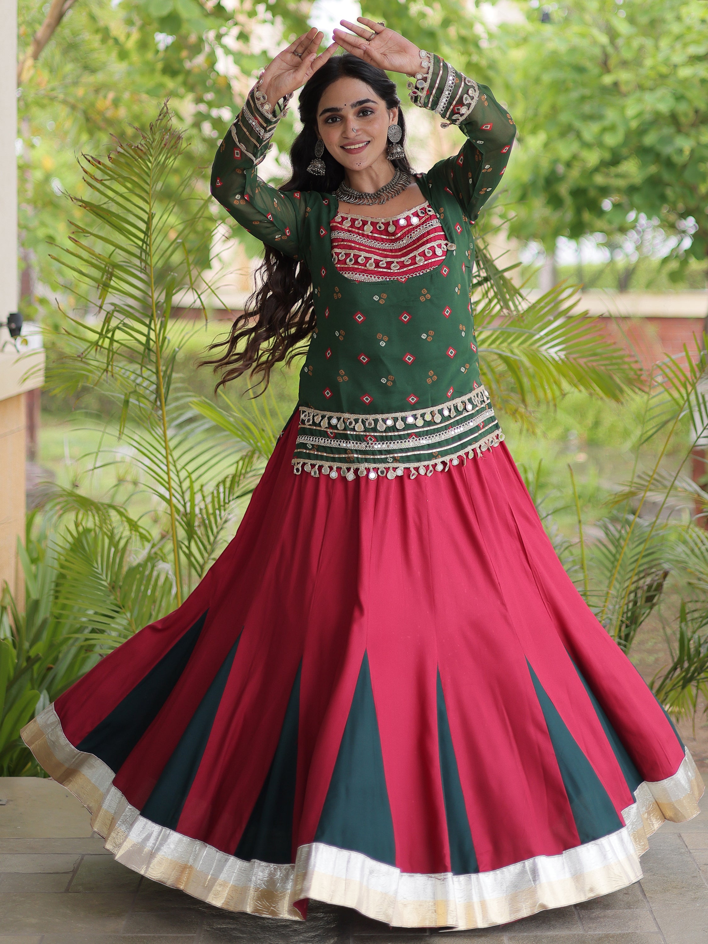 Regal Bottle Green Laced Rayon Navratri Wear Lehenga Choli With Jacket