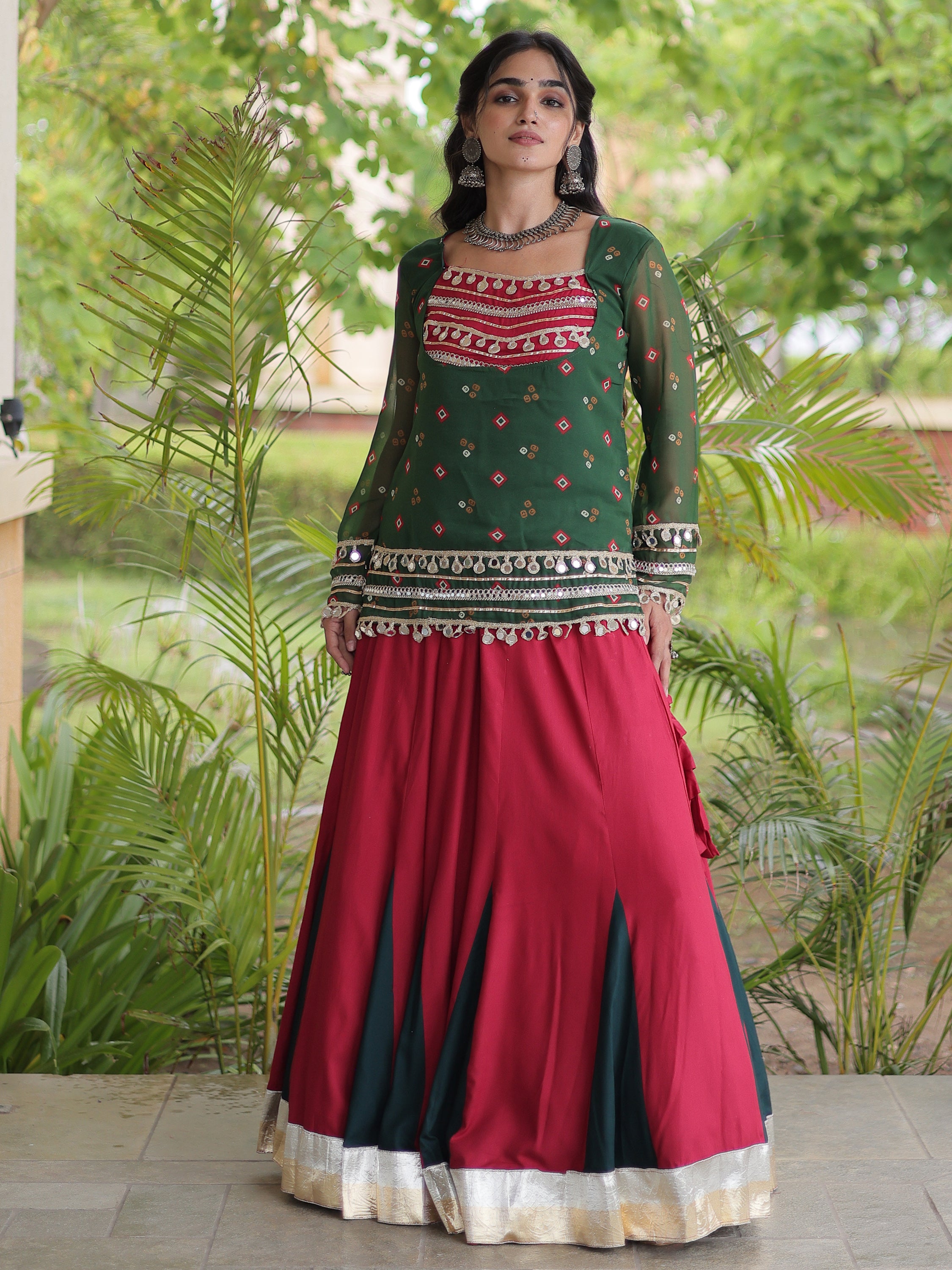 Regal Bottle Green Laced Rayon Navratri Wear Lehenga Choli With Jacket