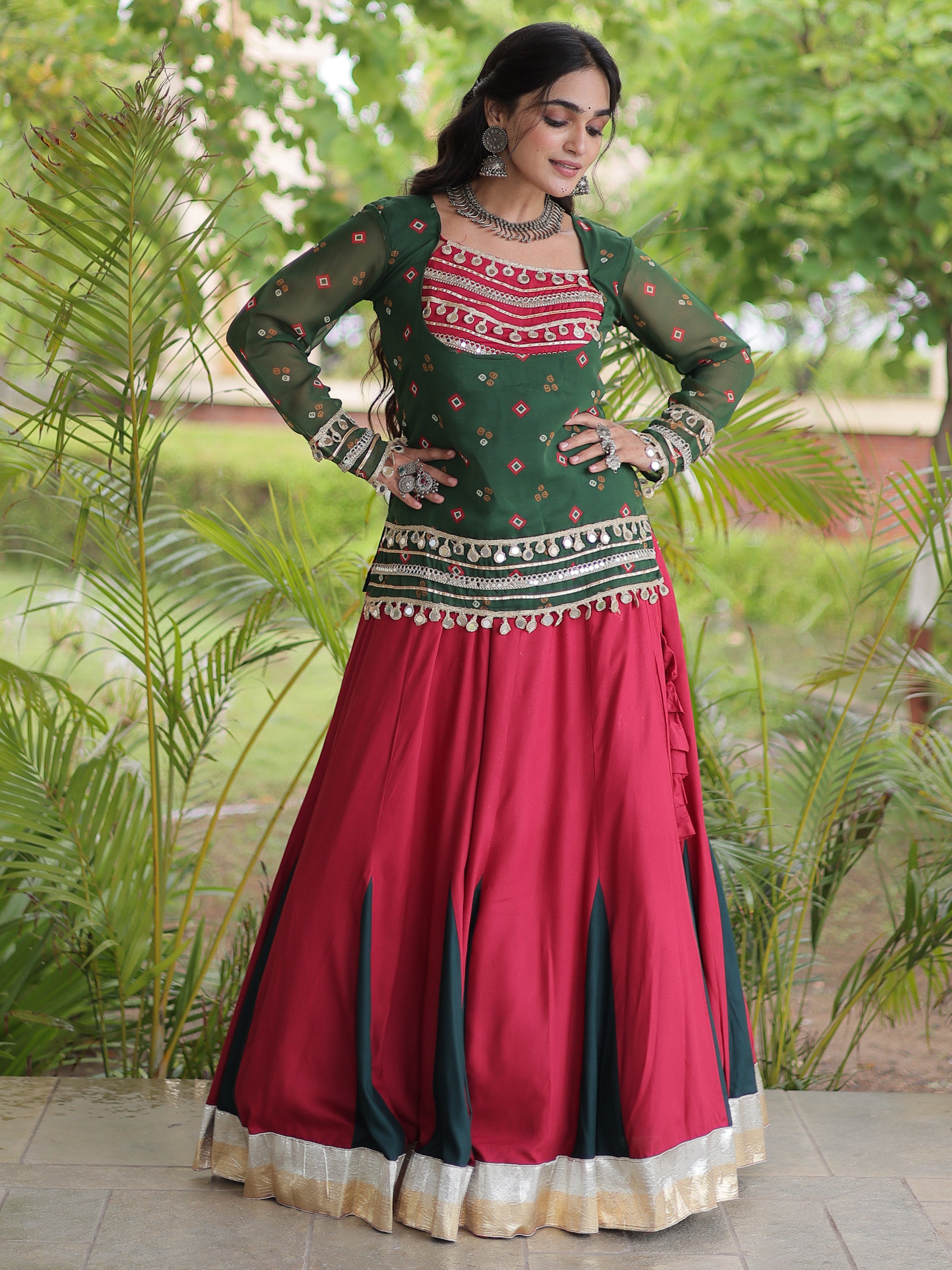 Regal Bottle Green Laced Rayon Navratri Wear Lehenga Choli With Jacket