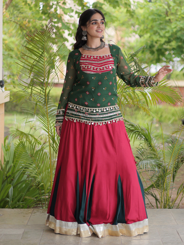 Regal Bottle Green Laced Rayon Navratri Wear Lehenga Choli With Jacket