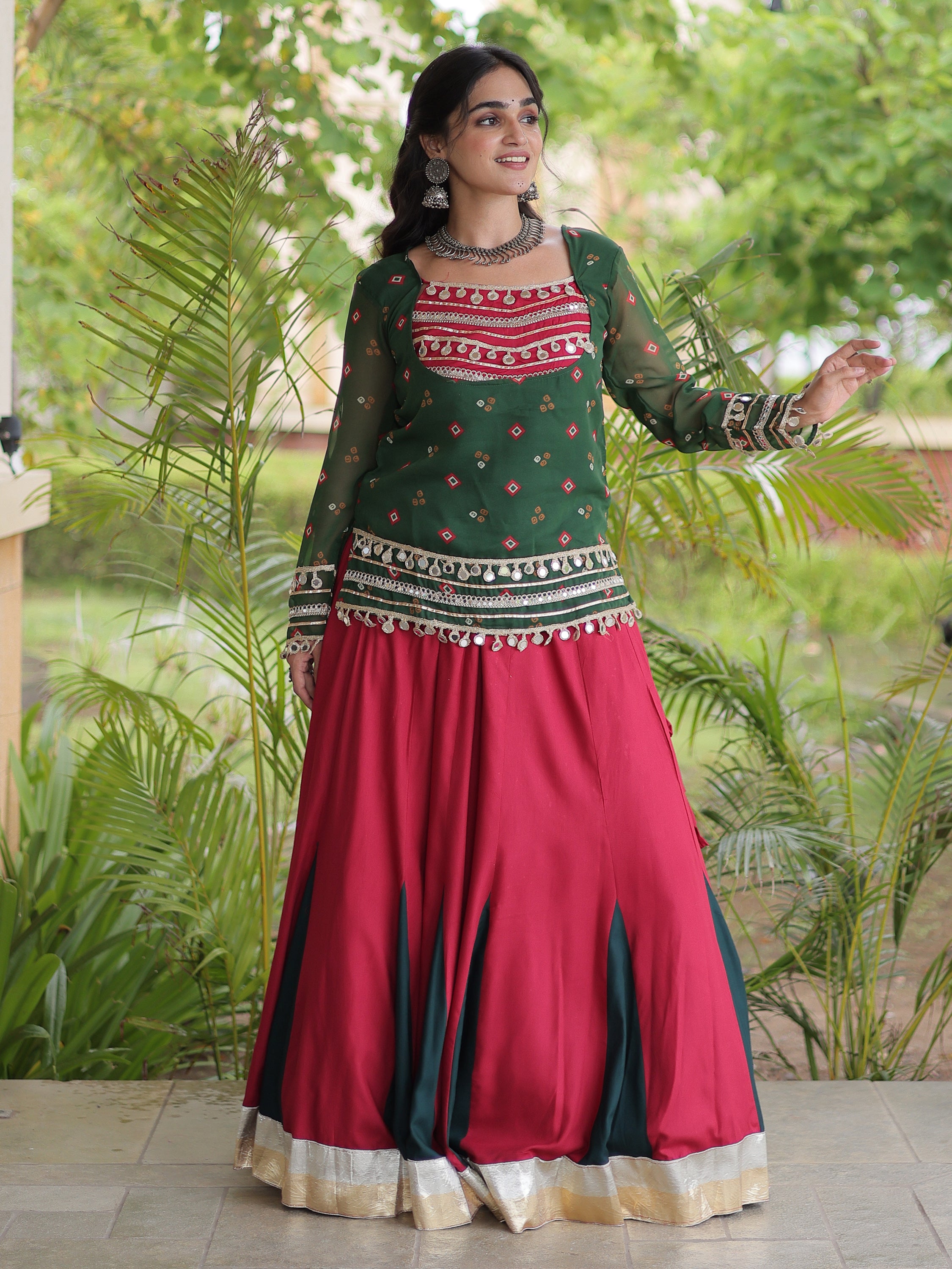 Regal Bottle Green Laced Rayon Navratri Wear Lehenga Choli With Jacket