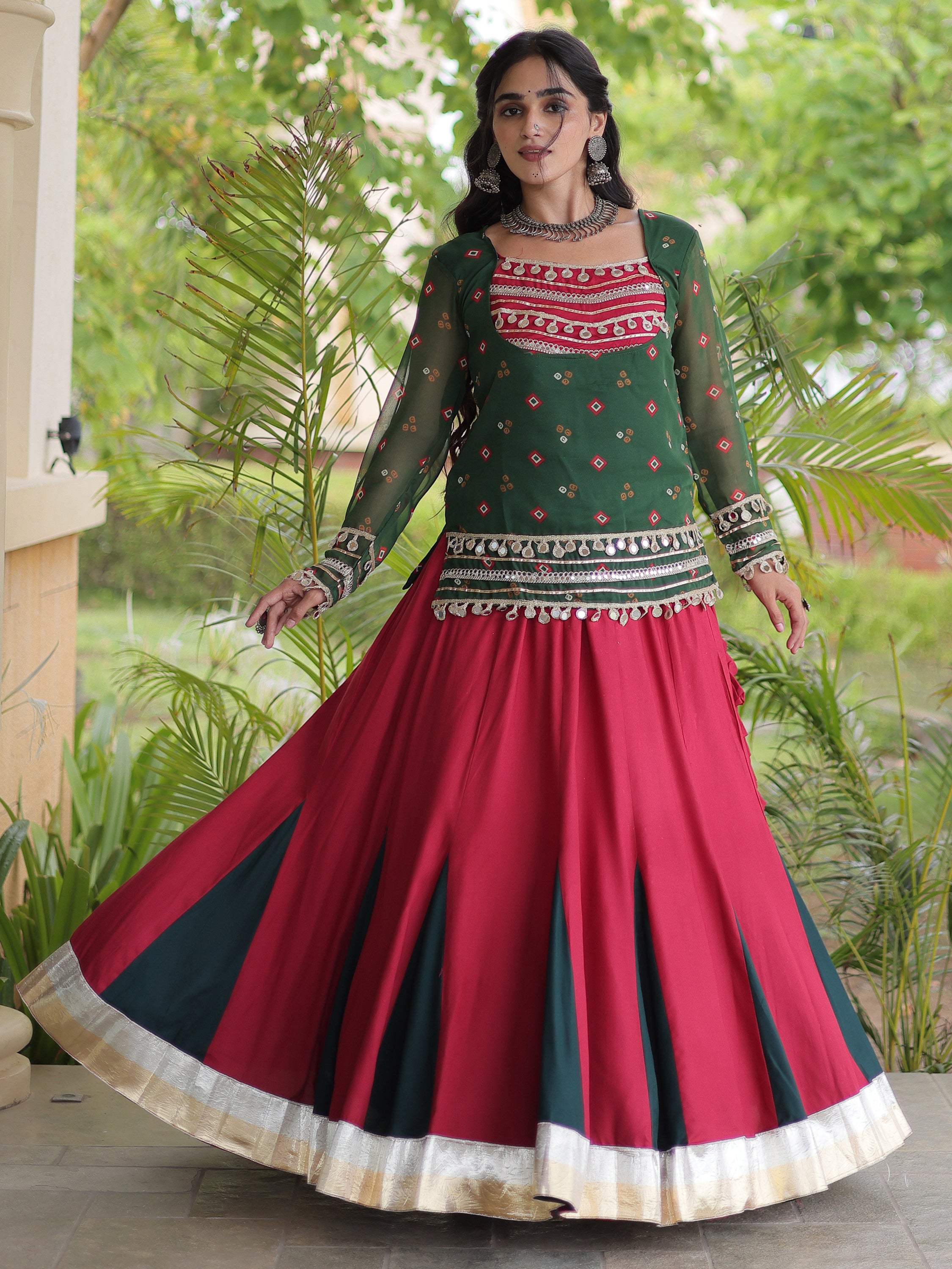 Regal Bottle Green Laced Rayon Navratri Wear Lehenga Choli With Jacket