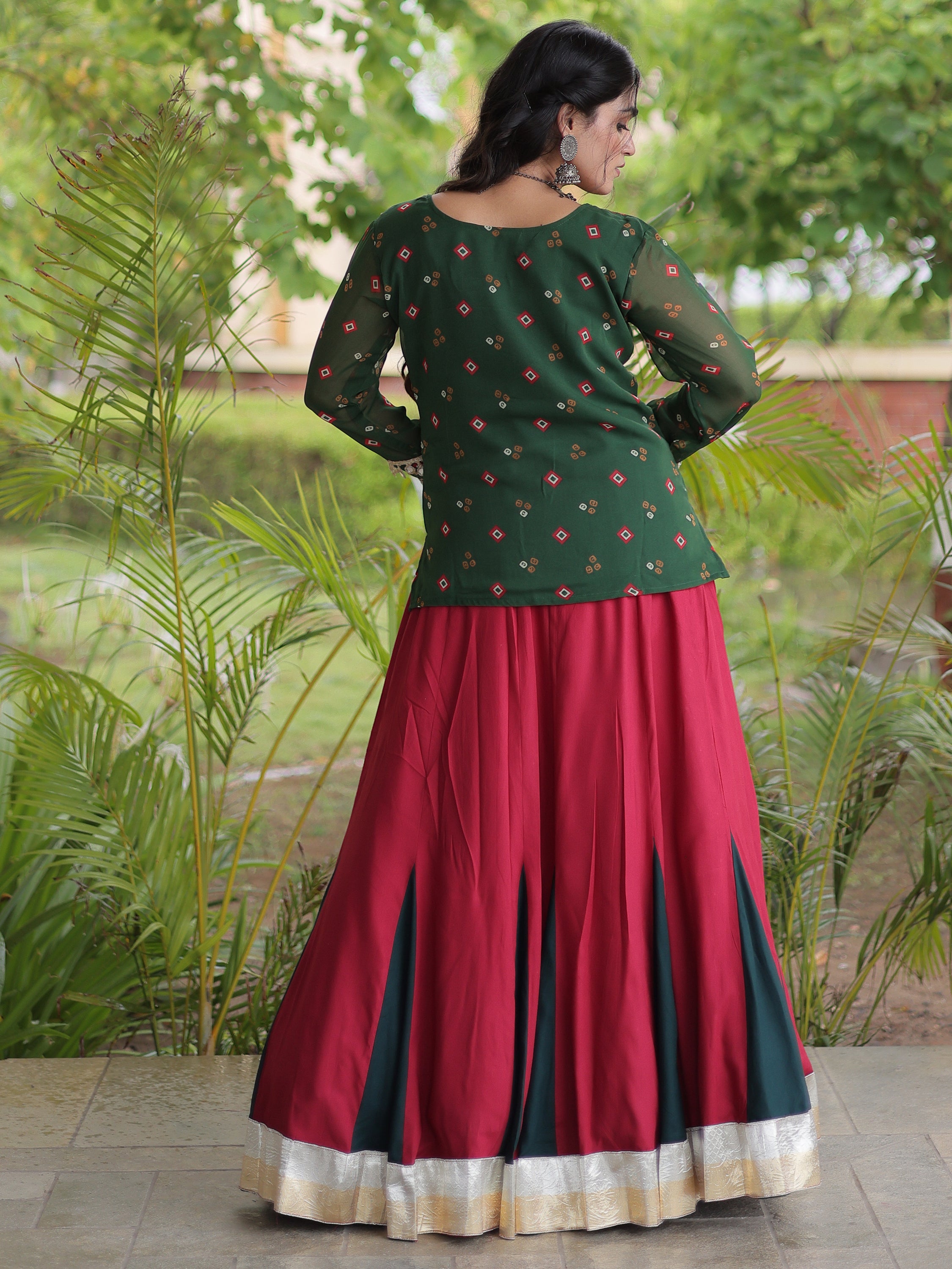 Regal Bottle Green Laced Rayon Navratri Wear Lehenga Choli With Jacket