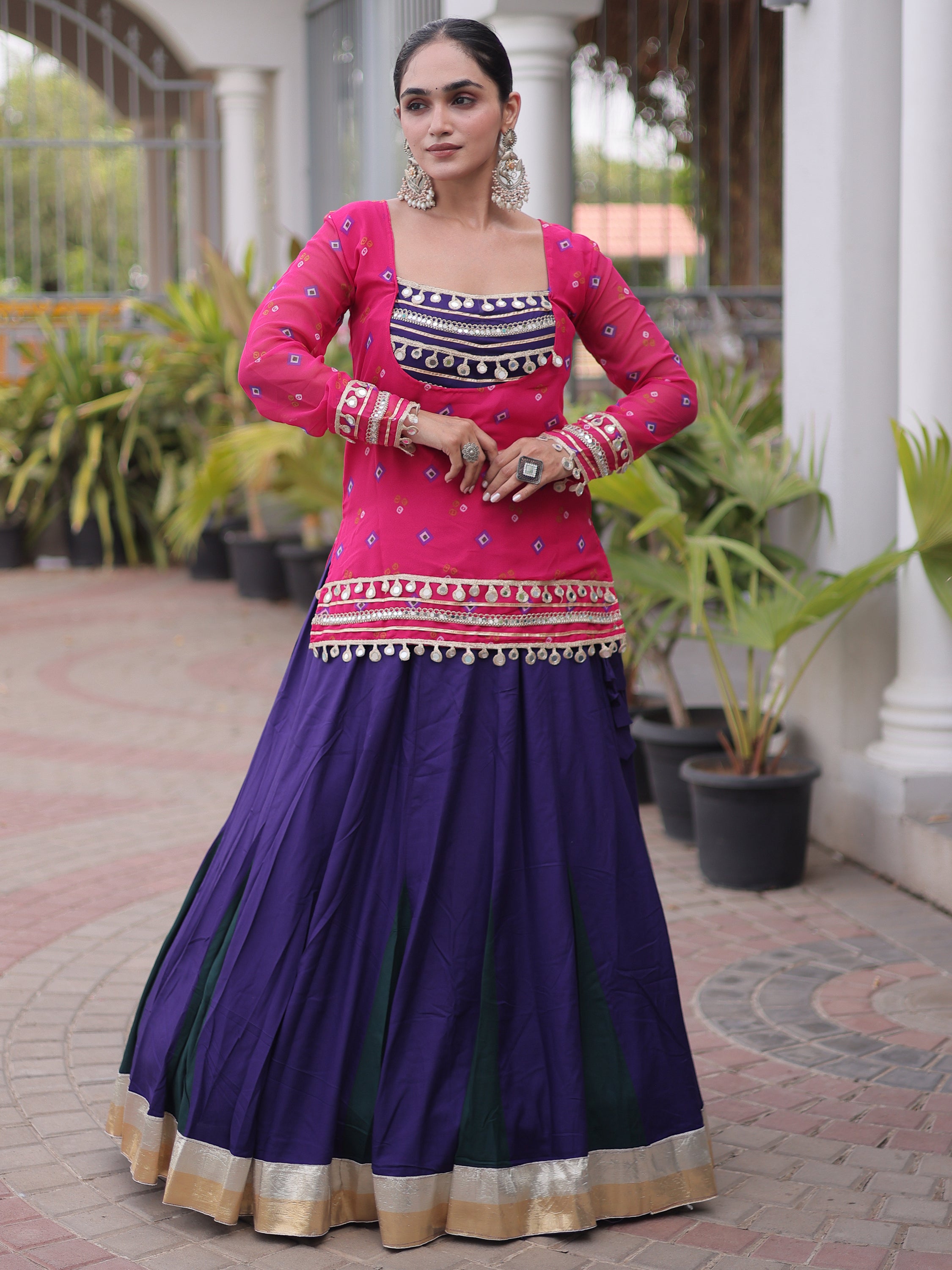 Graceful Pink Rayon Navratri Wear Lehenga Choli With Printed Jacket