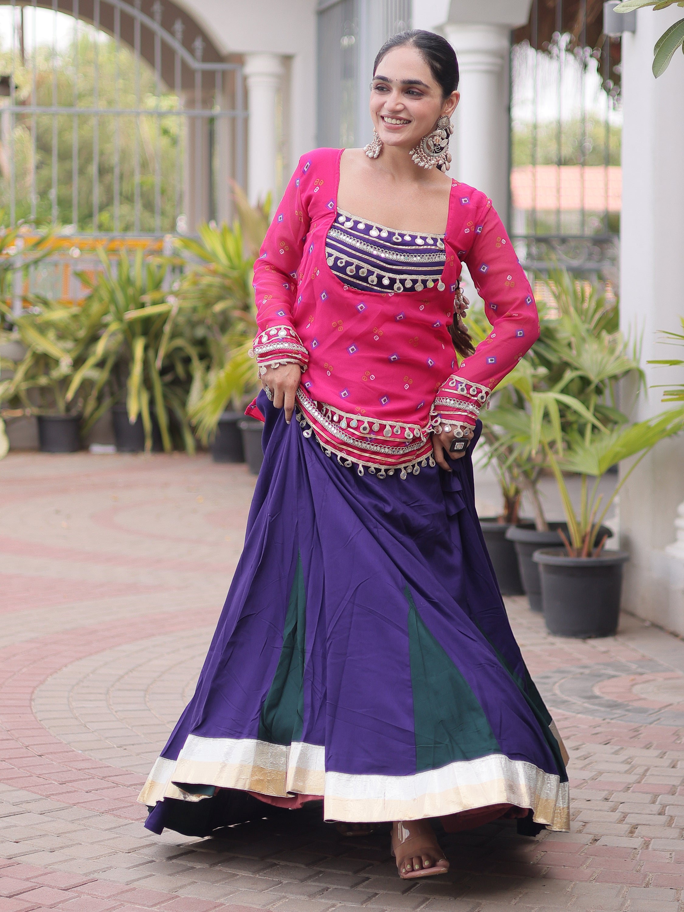Graceful Pink Rayon Navratri Wear Lehenga Choli With Printed Jacket
