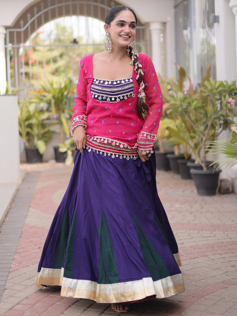 Graceful Pink Rayon Navratri Wear Lehenga Choli With Printed Jacket