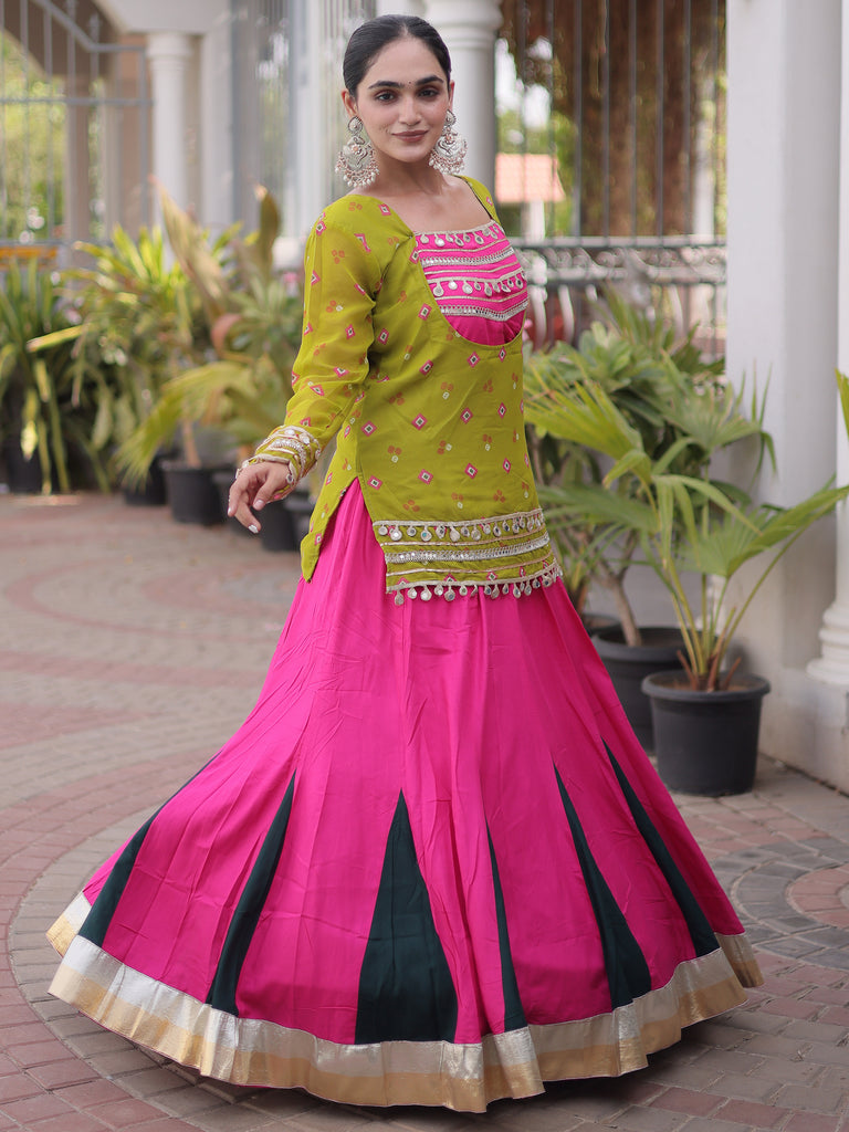 Classic Olive Green Mirror Laced Rayon Navratri Lehenga Choli With Jacket