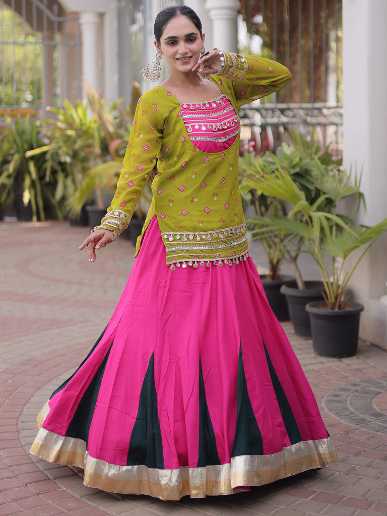 Classic Olive Green Mirror Laced Rayon Navratri Lehenga Choli With Jacket