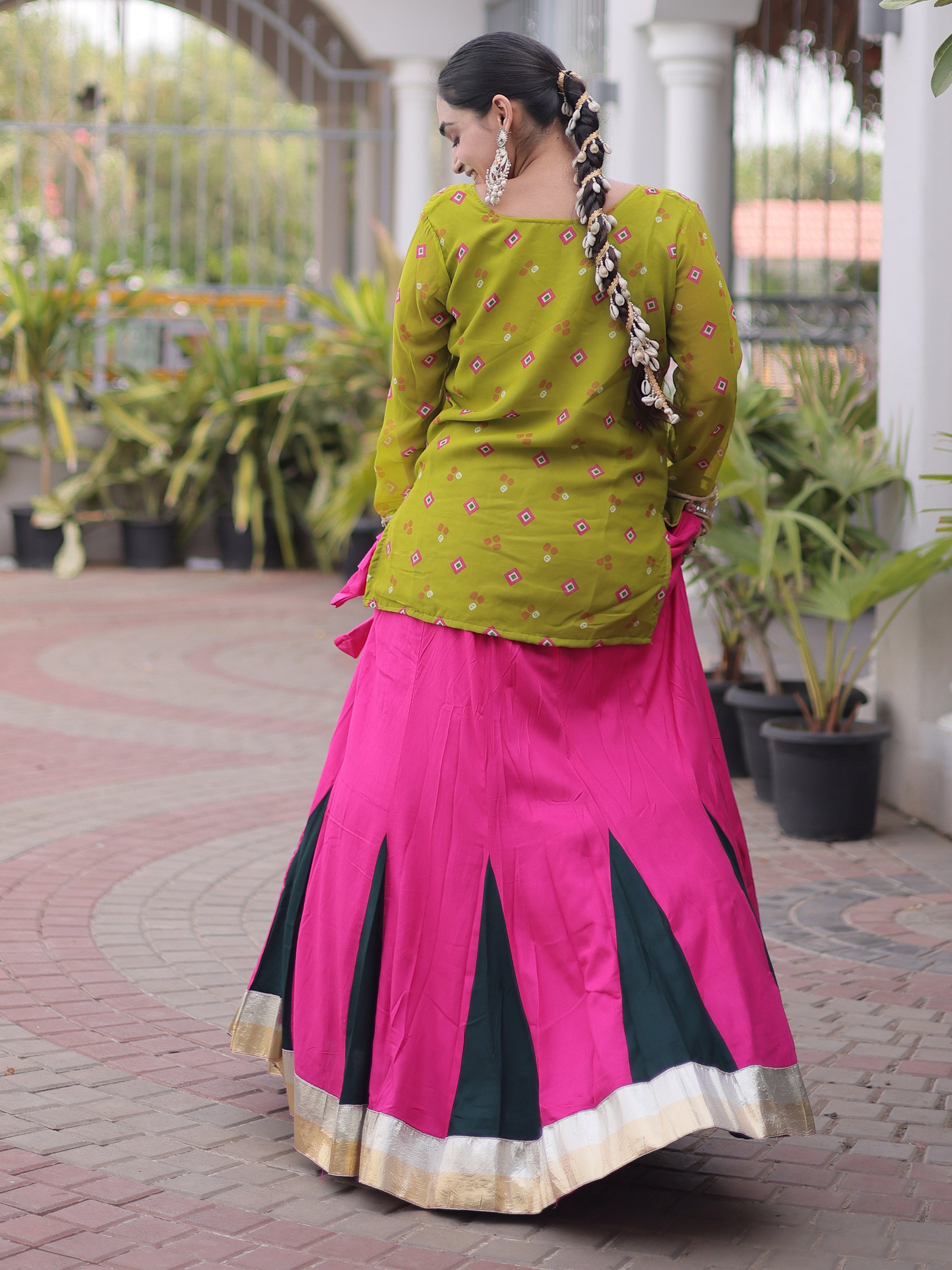 Classic Pista Green Mirror Laced Rayon Navratri Lehenga Choli With Jacket