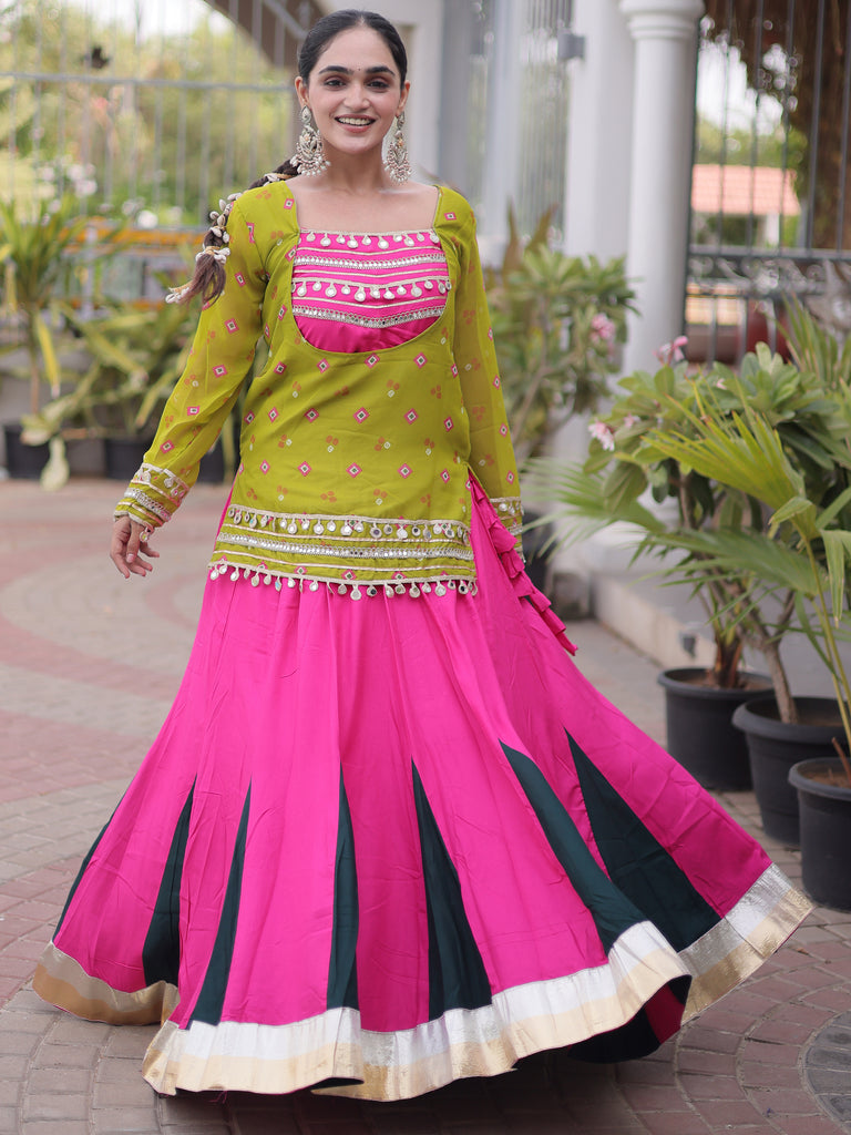 Classic Olive Green Mirror Laced Rayon Navratri Lehenga Choli With Jacket