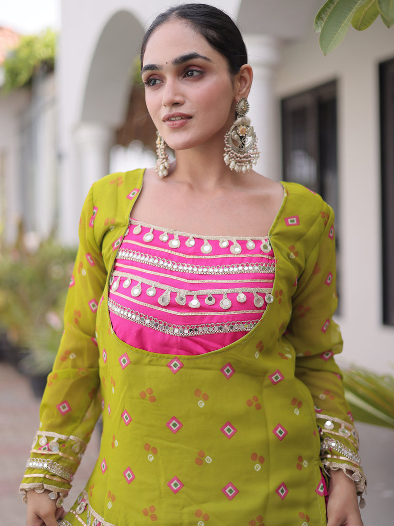 Classic Olive Green Mirror Laced Rayon Navratri Lehenga Choli With Jacket