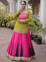 Classic Pista Green Mirror Laced Rayon Navratri Lehenga Choli With Jacket