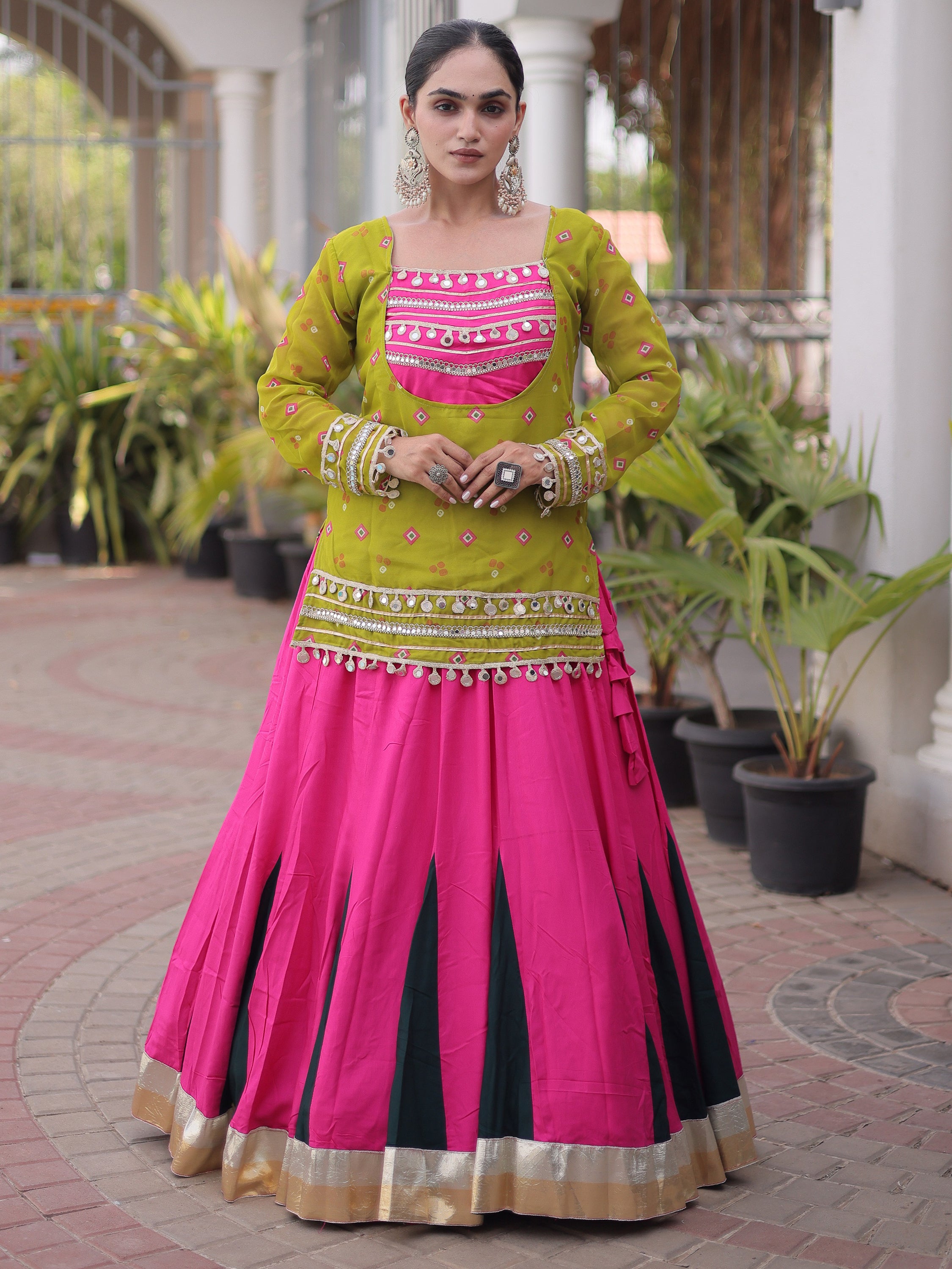 Classic Olive Green Mirror Laced Rayon Navratri Lehenga Choli With Jacket