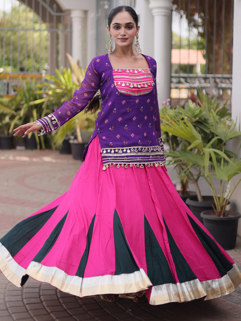 Lovable Purple Rayon Navratri Wear Lehenga Choli With Printed Jacket