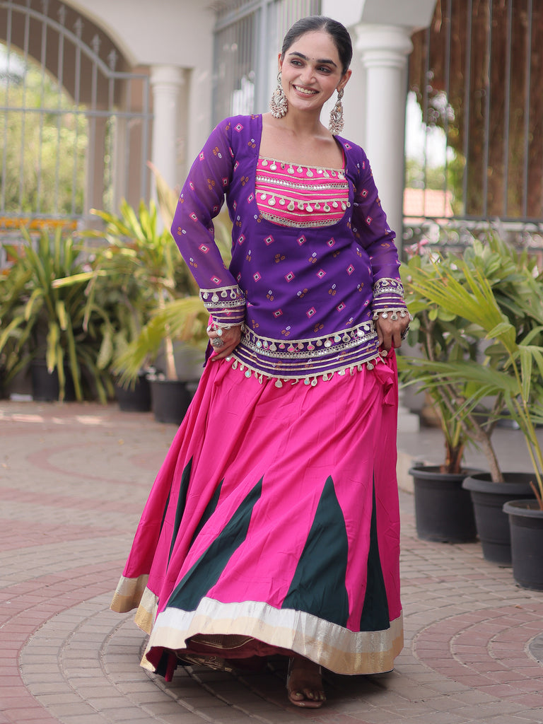 Lovable Purple Rayon Navratri Wear Lehenga Choli With Printed Jacket