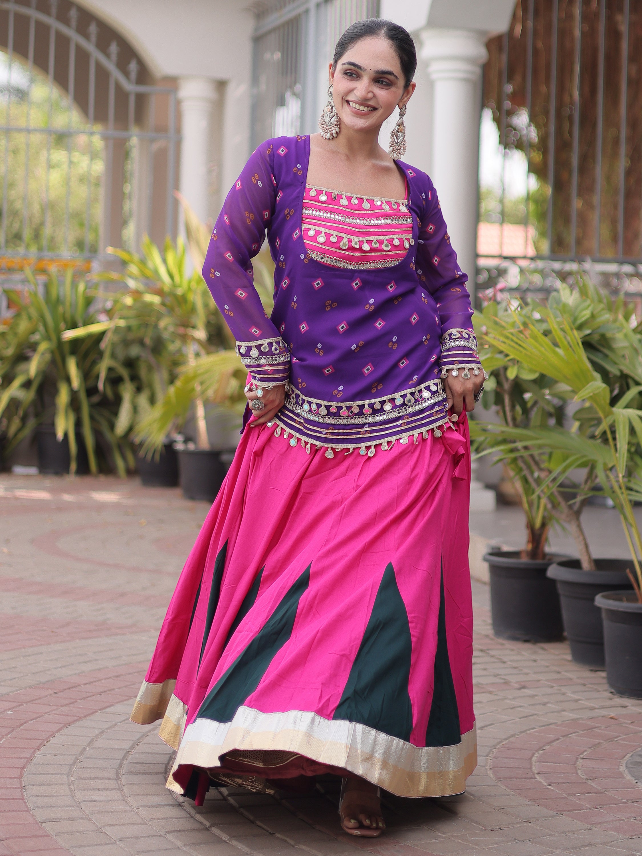 Lovable Purple Rayon Navratri Wear Lehenga Choli With Printed Jacket