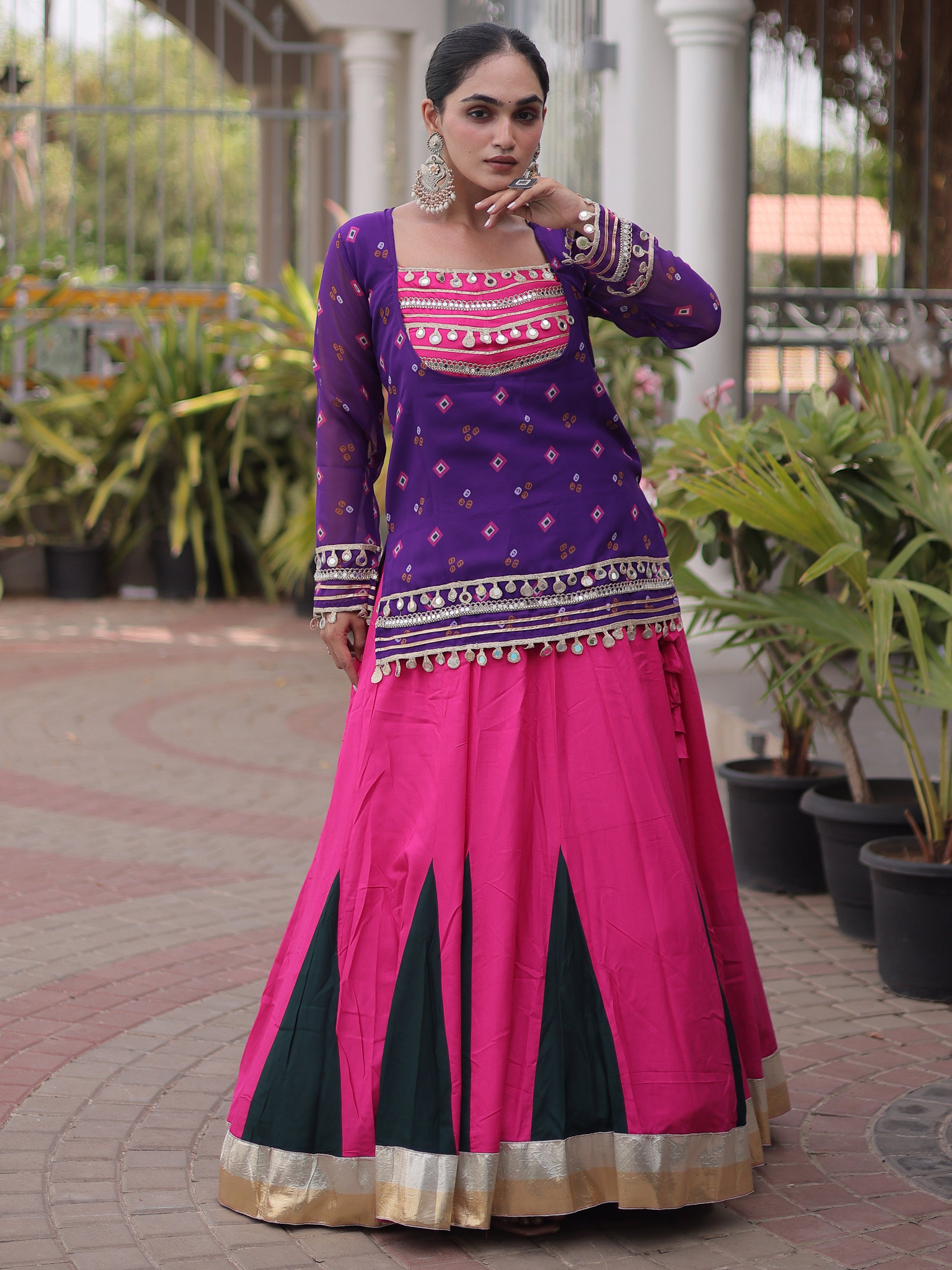 Lovable Purple Rayon Navratri Wear Lehenga Choli With Printed Jacket