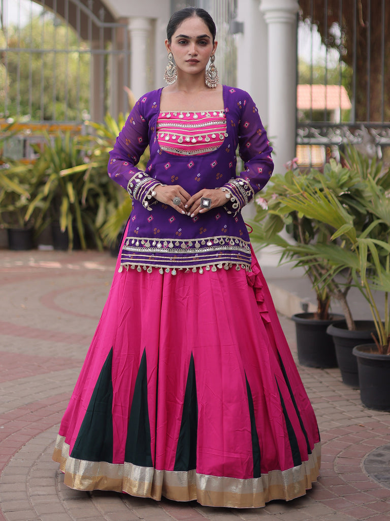 Lovable Purple Rayon Navratri Wear Lehenga Choli With Printed Jacket