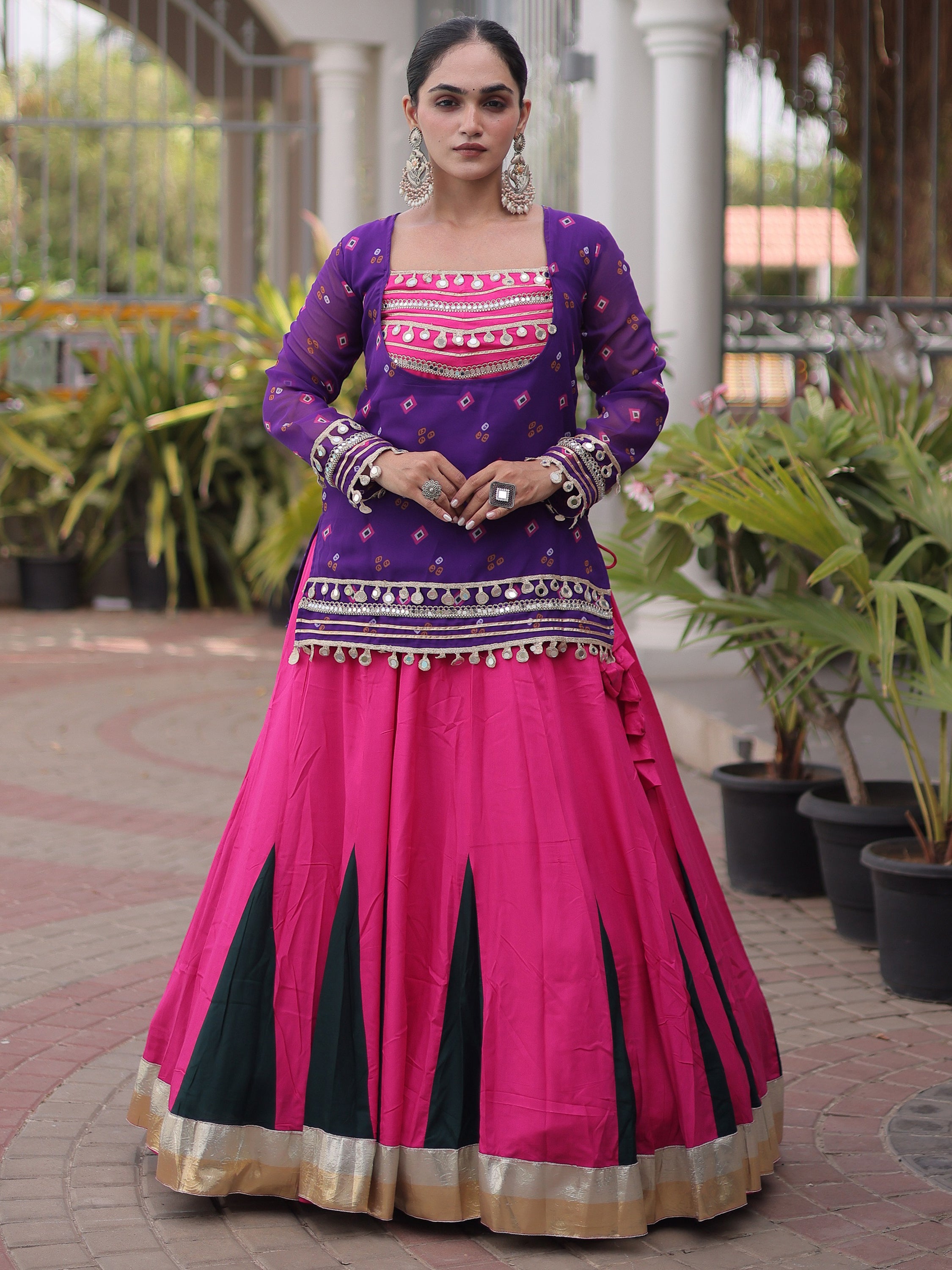 Lovable Purple Rayon Navratri Wear Lehenga Choli With Printed Jacket