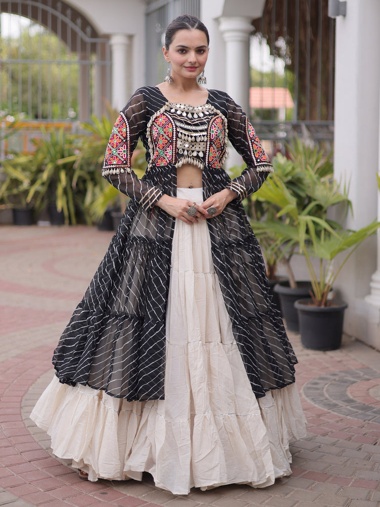 Grand Black Laheriya Printed Cotton Navratri Wear Lehenga With Kurti