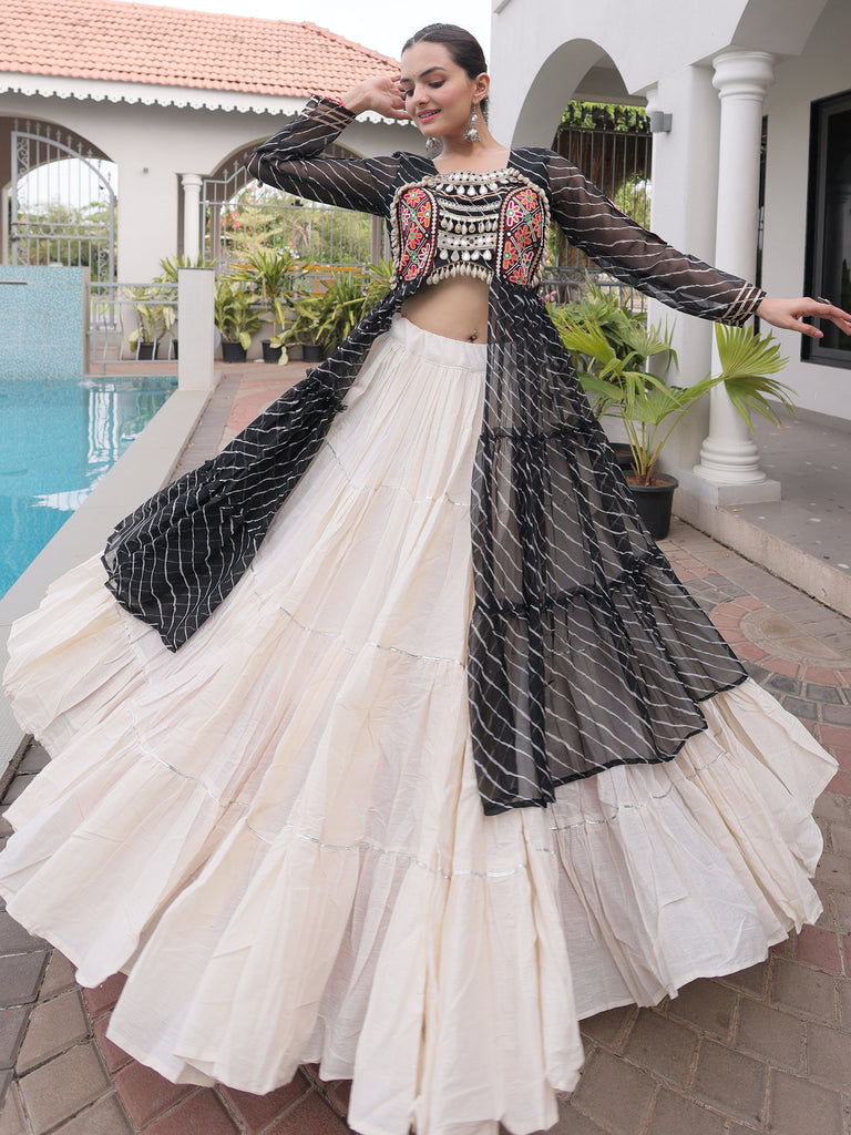 Grand Black Laheriya Printed Cotton Navratri Wear Lehenga With Kurti