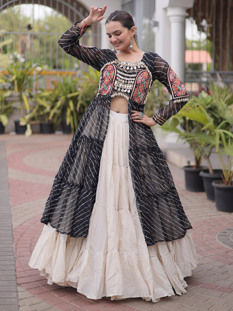 Grand Black Laheriya Printed Cotton Navratri Wear Lehenga With Kurti