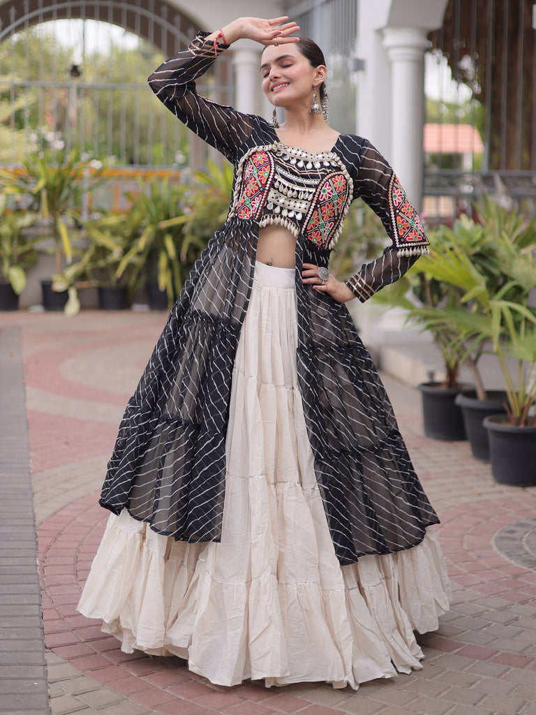 Grand Black Laheriya Printed Cotton Navratri Wear Lehenga With Kurti