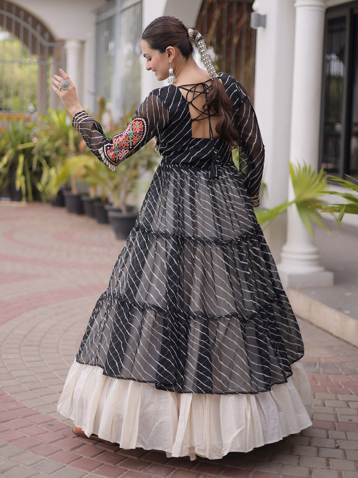 Grand Black Laheriya Printed Cotton Navratri Wear Lehenga With Kurti