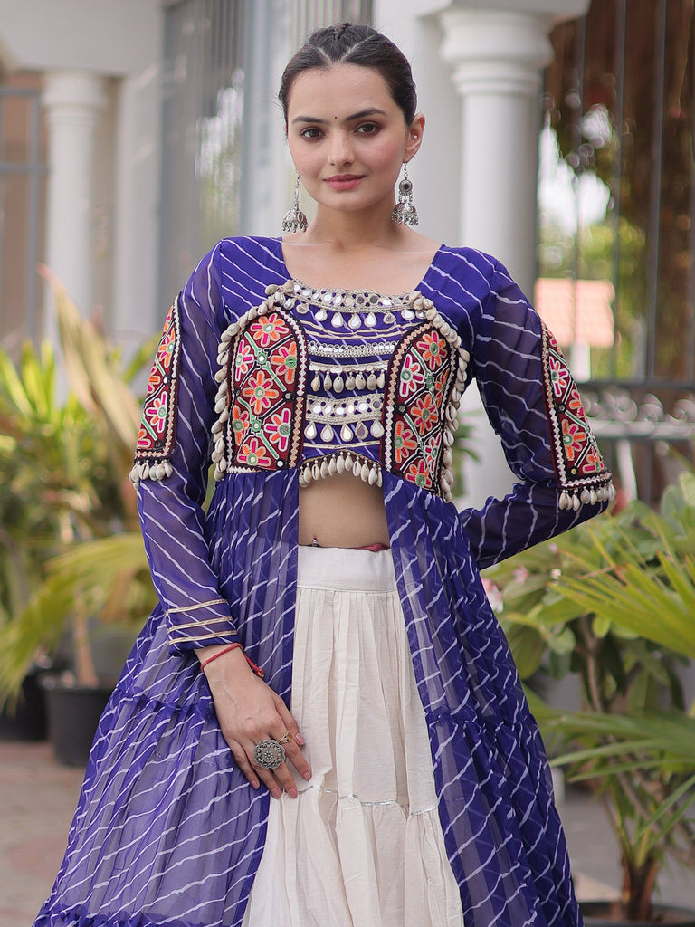 Magnetic Blue Kutchi Patch Work Cotton Navratri Wear Lehenga With Kurti
