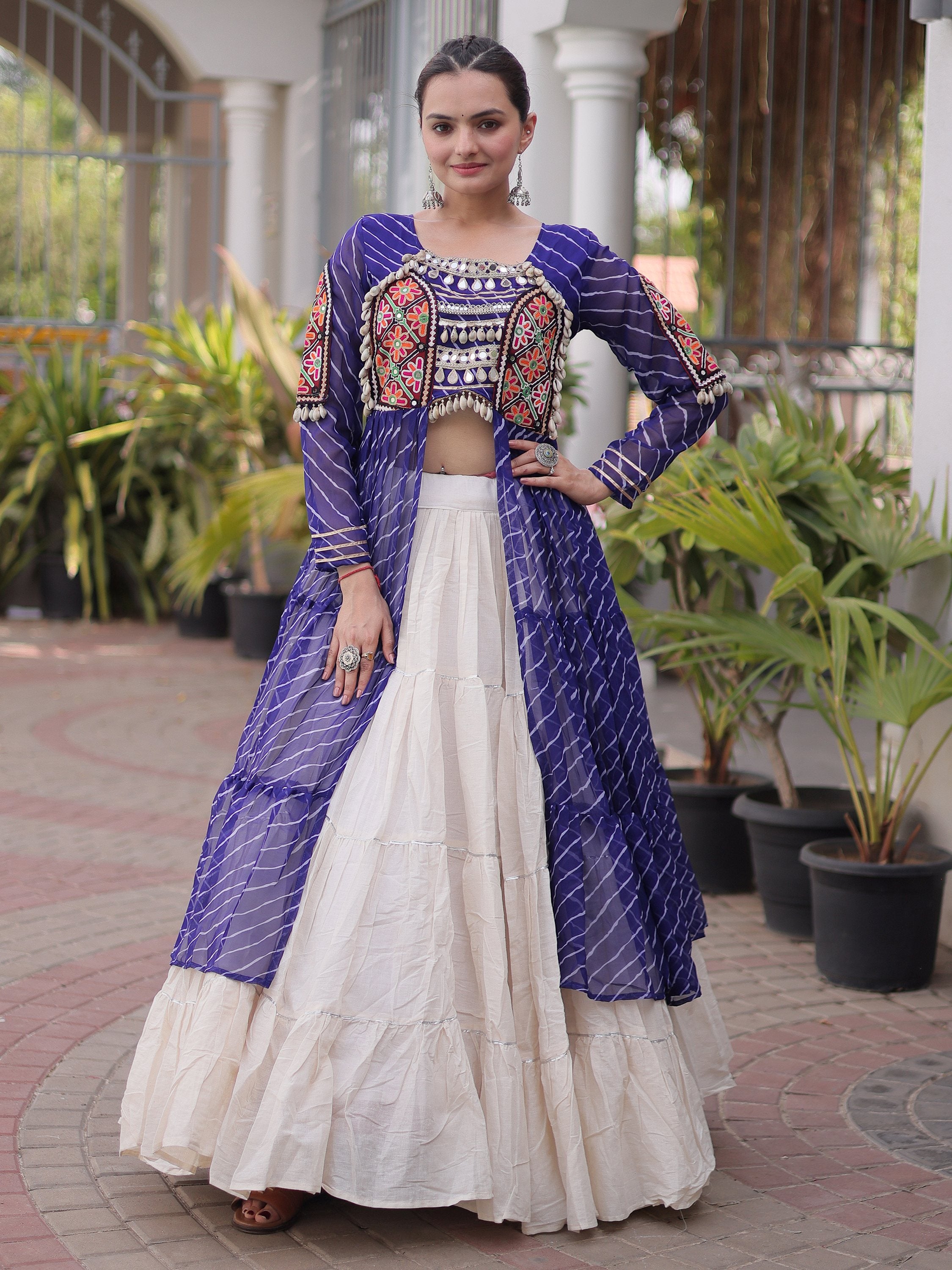 Magnetic Blue Kutchi Patch Work Cotton Navratri Wear Lehenga With Kurti