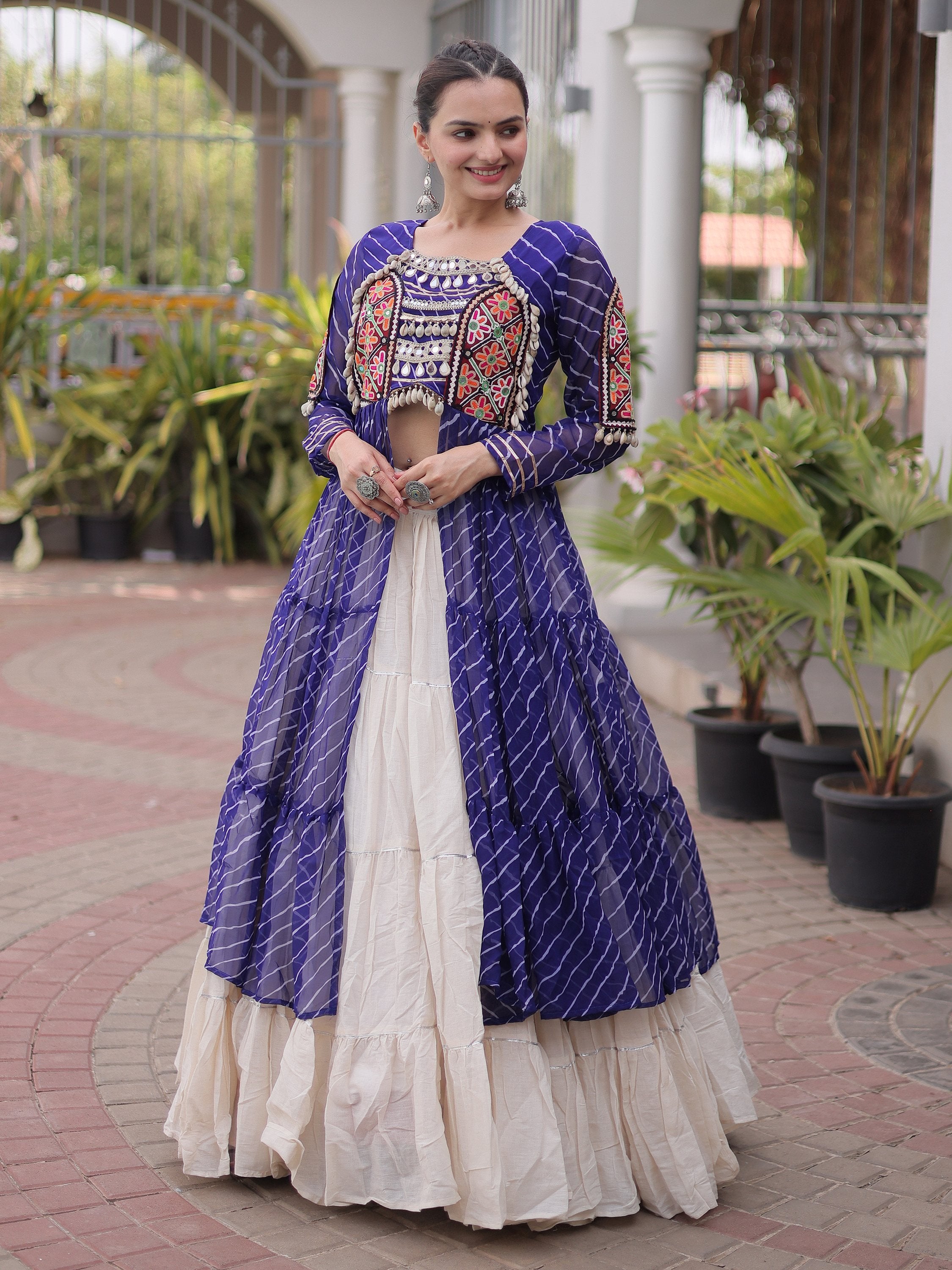Magnetic Blue Kutchi Patch Work Cotton Navratri Wear Lehenga With Kurti