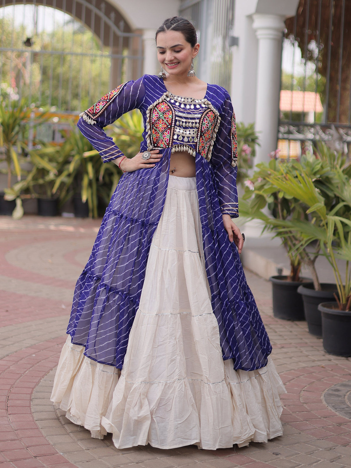 Magnetic Blue Kutchi Patch Work Cotton Navratri Wear Lehenga With Kurti
